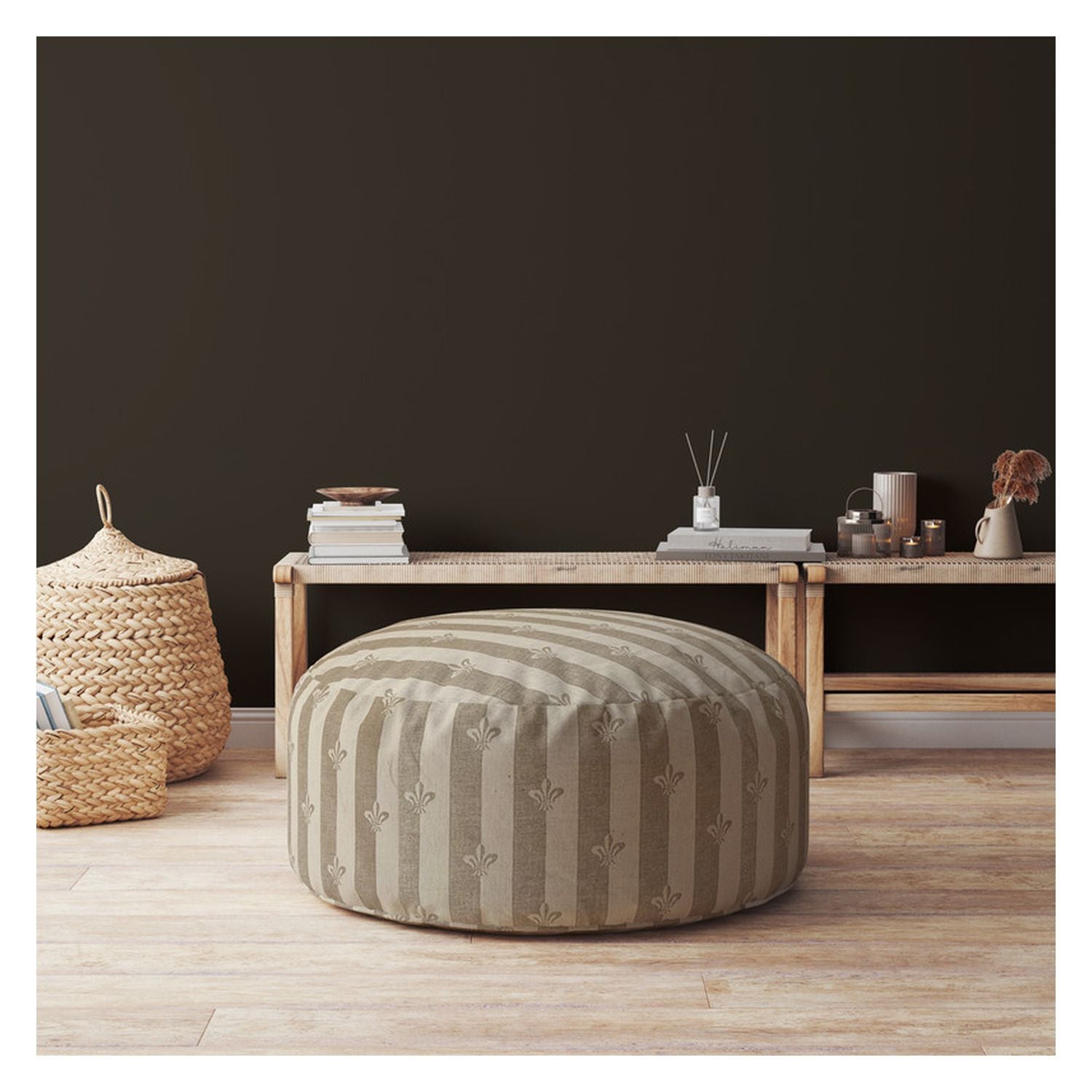 24" Taupe Flax Round Floral Pouf Cover