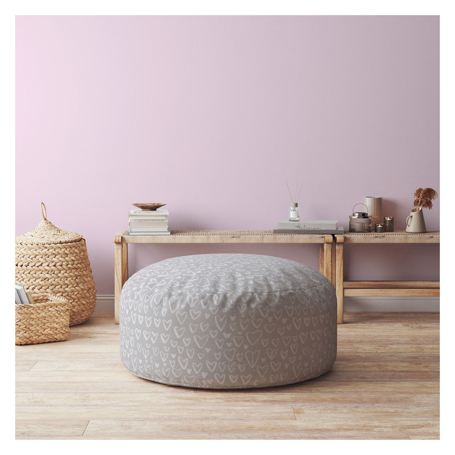 24" Gray Cotton Round Abstract Pouf Cover