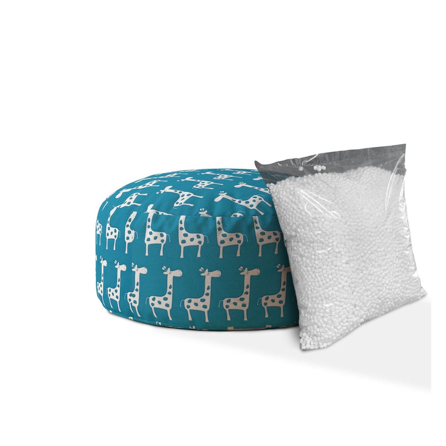 24" Blue And White Cotton Round Giraffe Pouf Cover