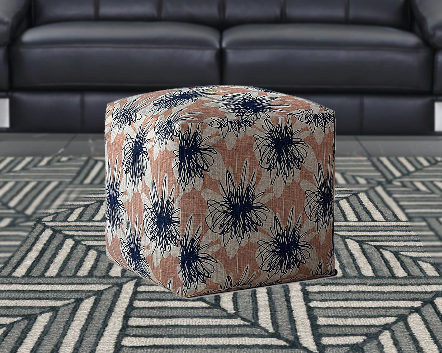 17" Pink And Blue Canvas Floral Pouf Cover