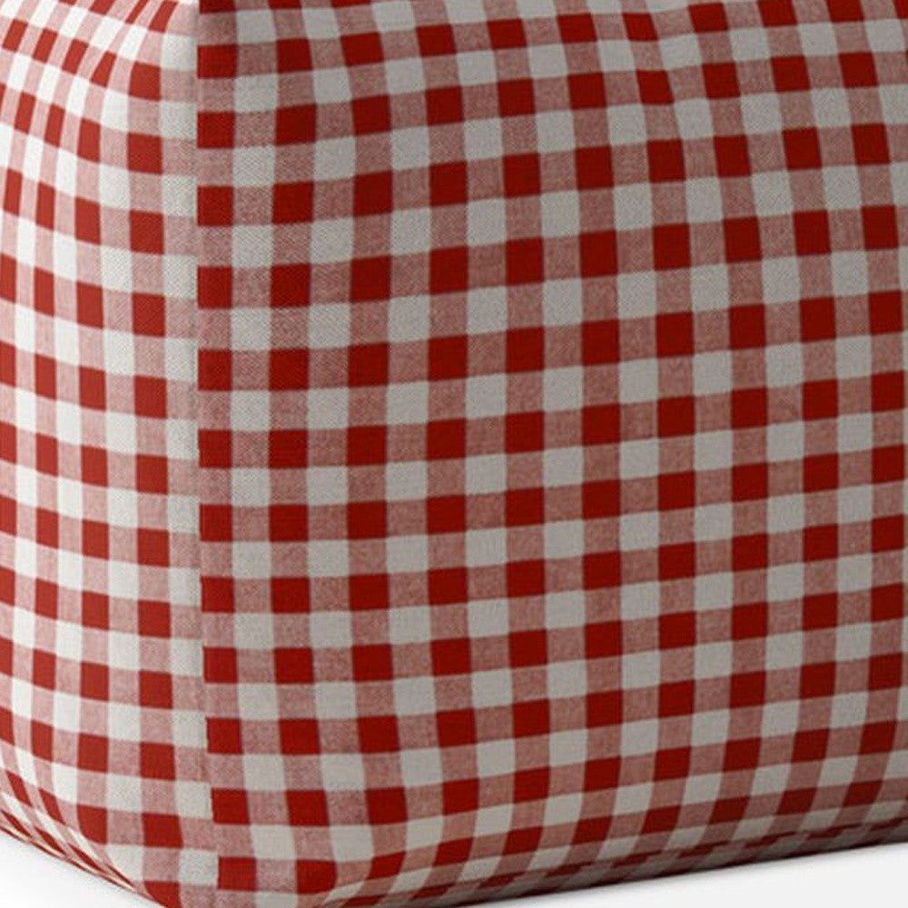 17" Red And White Cotton Gingham Pouf Cover