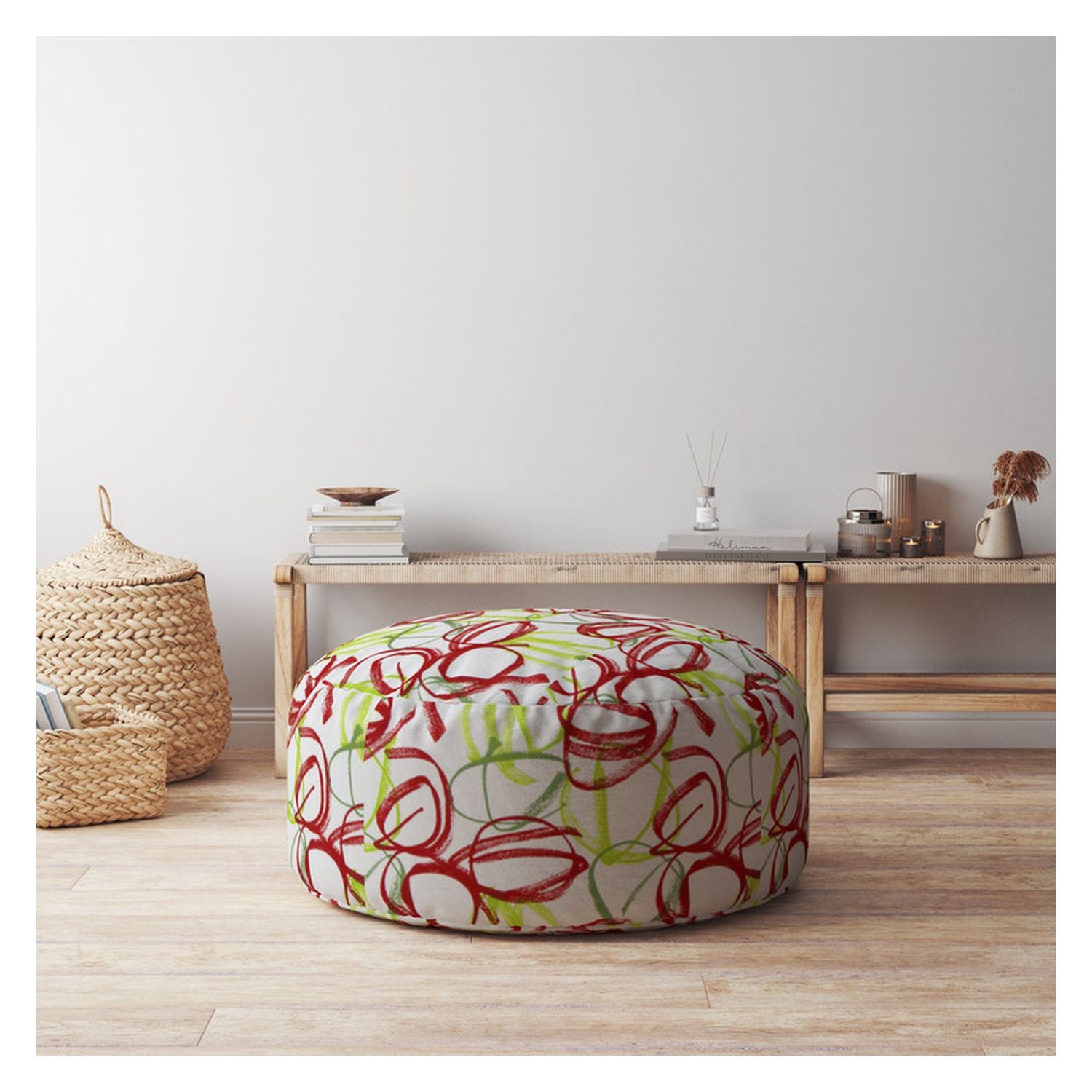 24" Green And White Cotton Round Abstract Pouf Cover