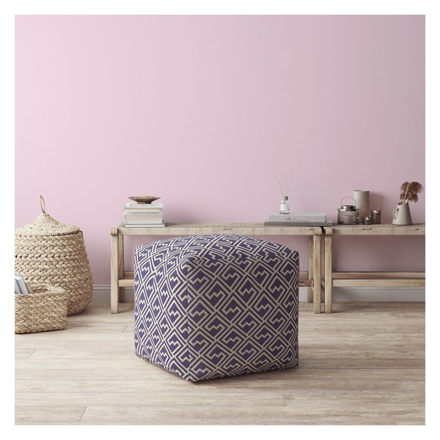 17" Purple And White Cotton Abstract Pouf Cover
