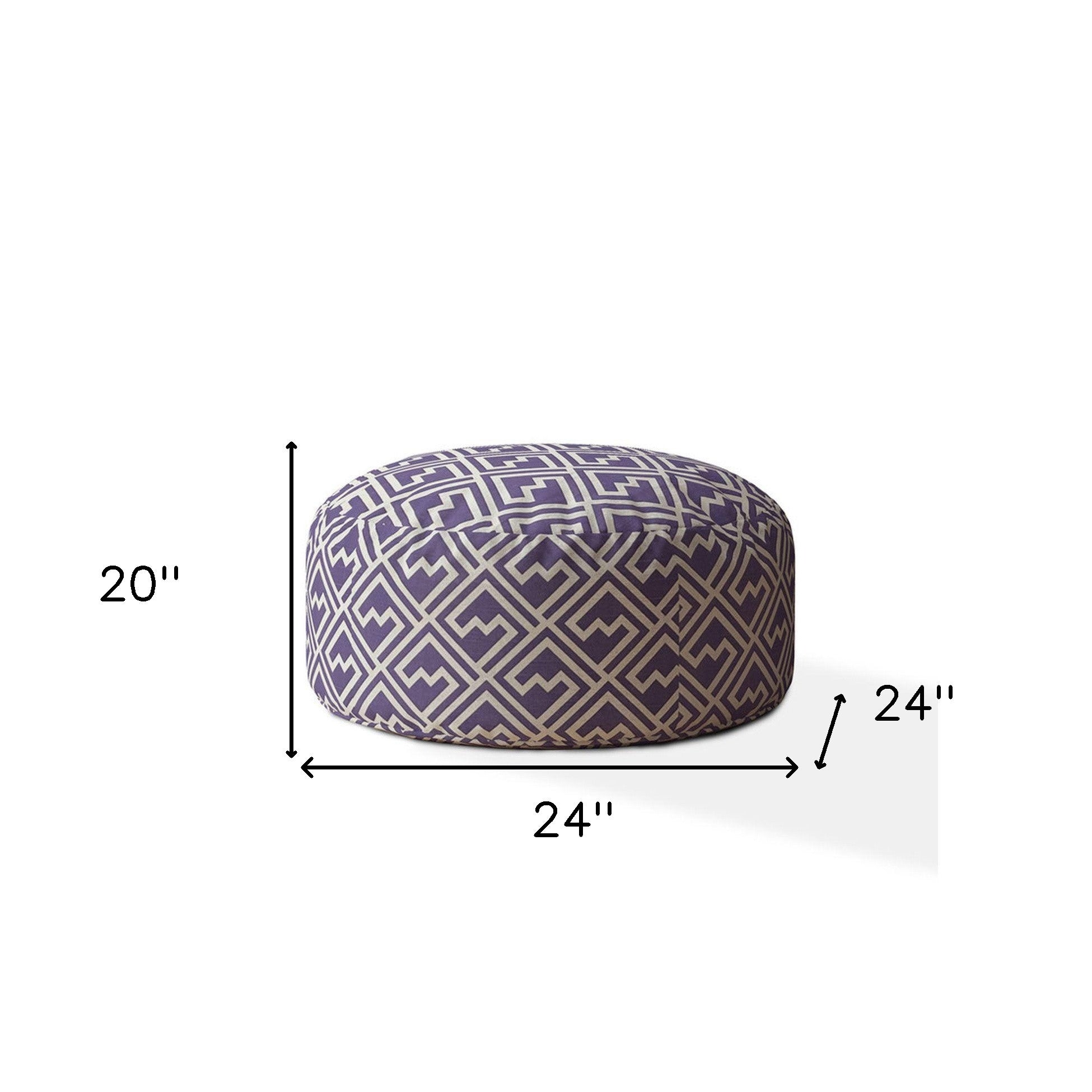 24" Purple And White Cotton Round Abstract Pouf Cover