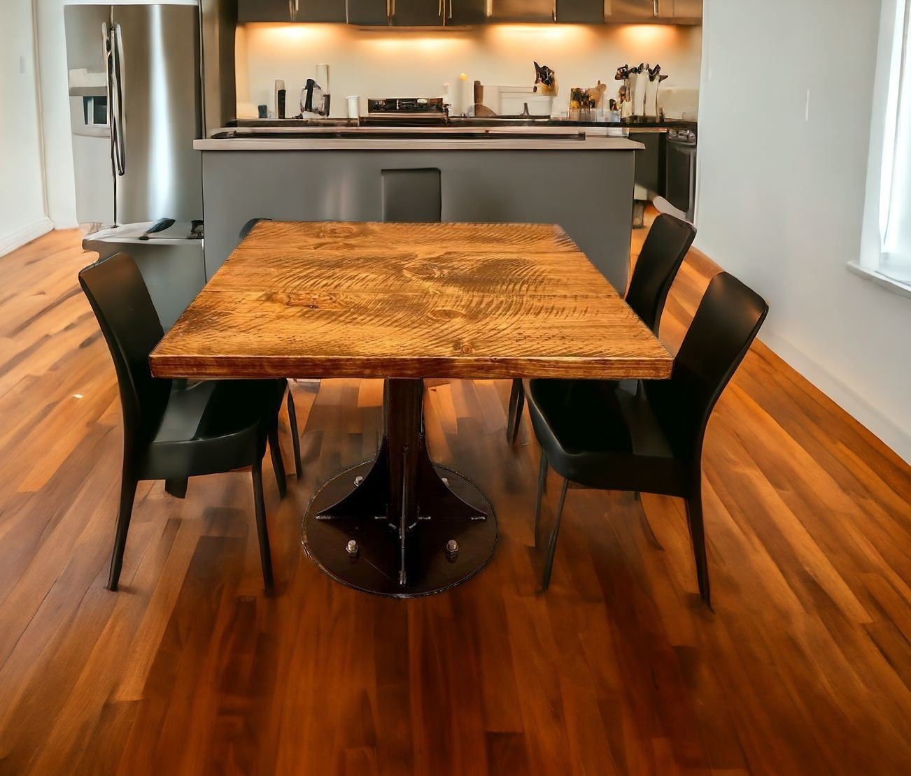 36" Brown And Black Square Solid Wood And Steel Pedestal Base Dining Table