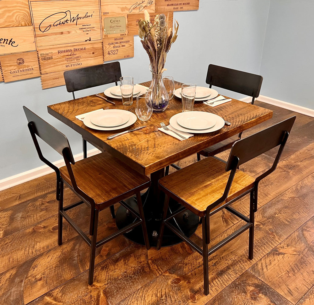 36" Brown And Black Square Solid Wood And Steel Pedestal Base Dining Table