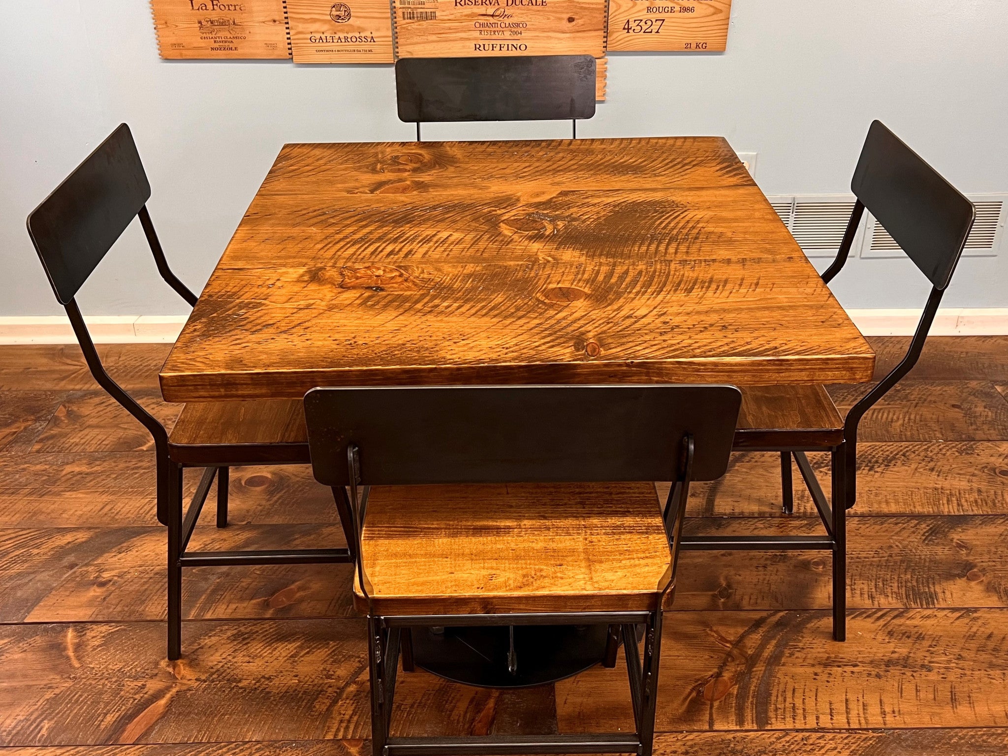 36" Brown And Black Square Solid Wood And Steel Pedestal Base Dining Table