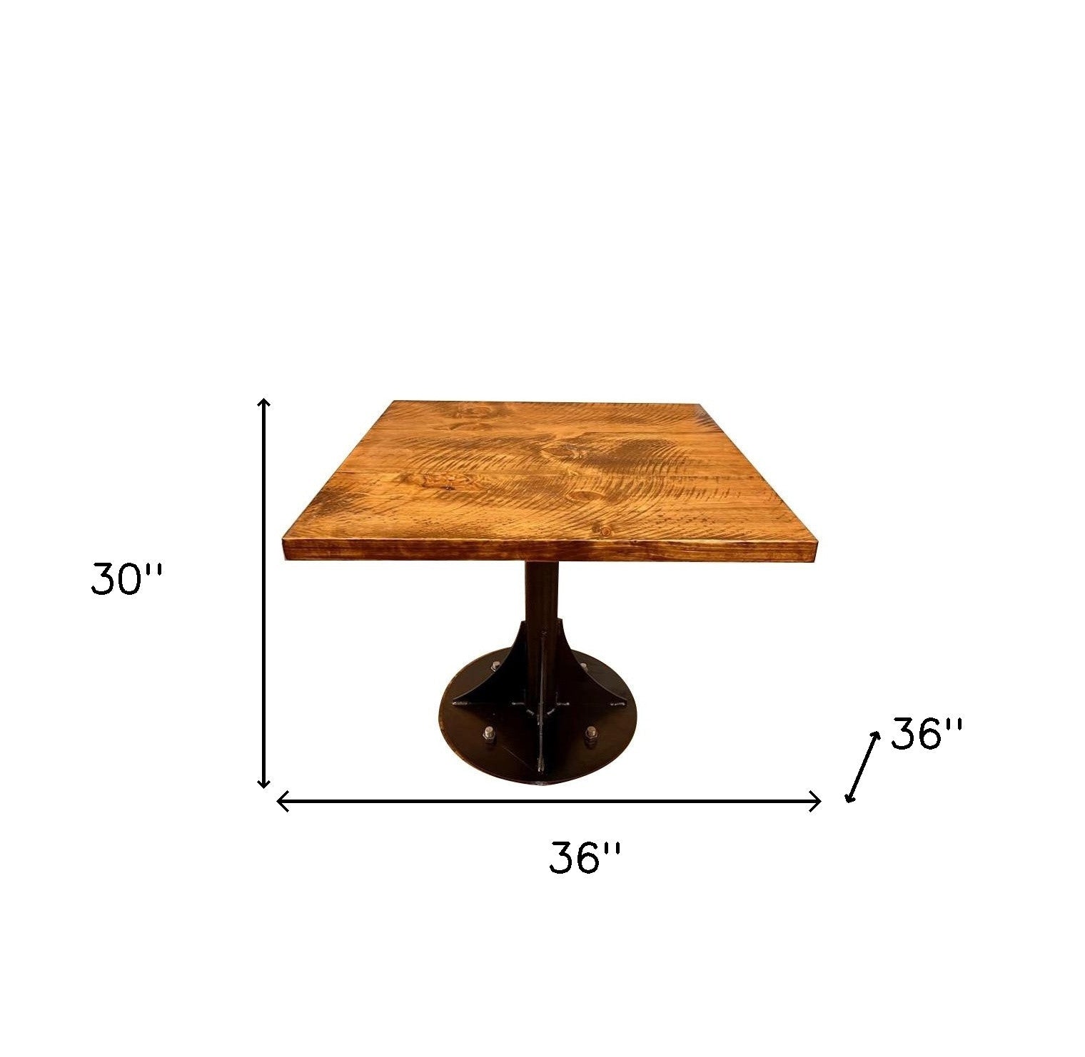 36" Brown And Black Square Solid Wood And Steel Pedestal Base Dining Table