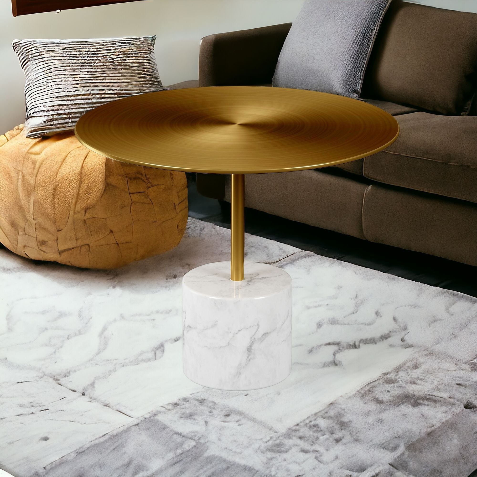 17" Gold And White Steel And Stone Round Coffee Table