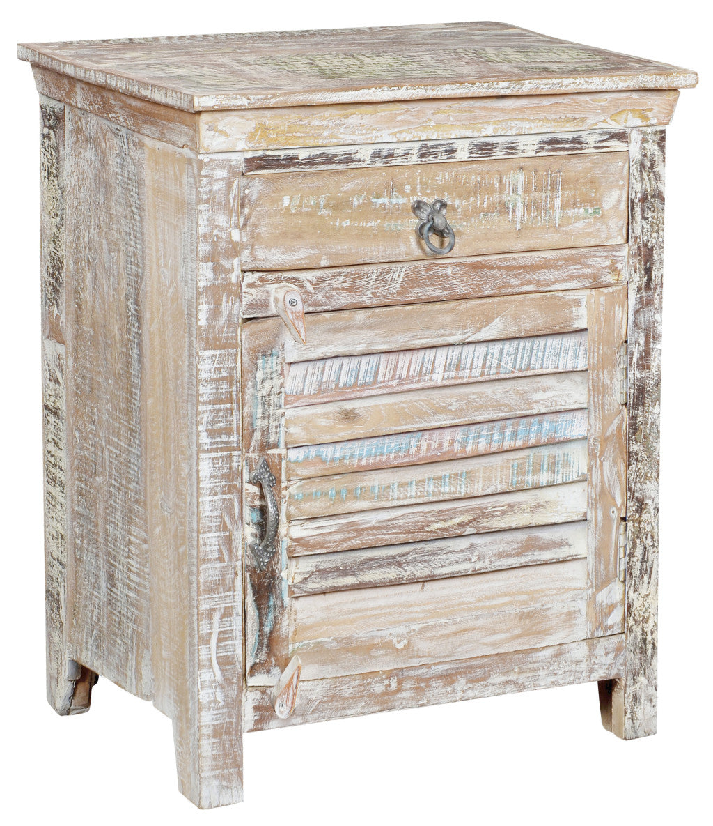 30" Distressed White One Drawer Shutter Solid Wood Nightstand
