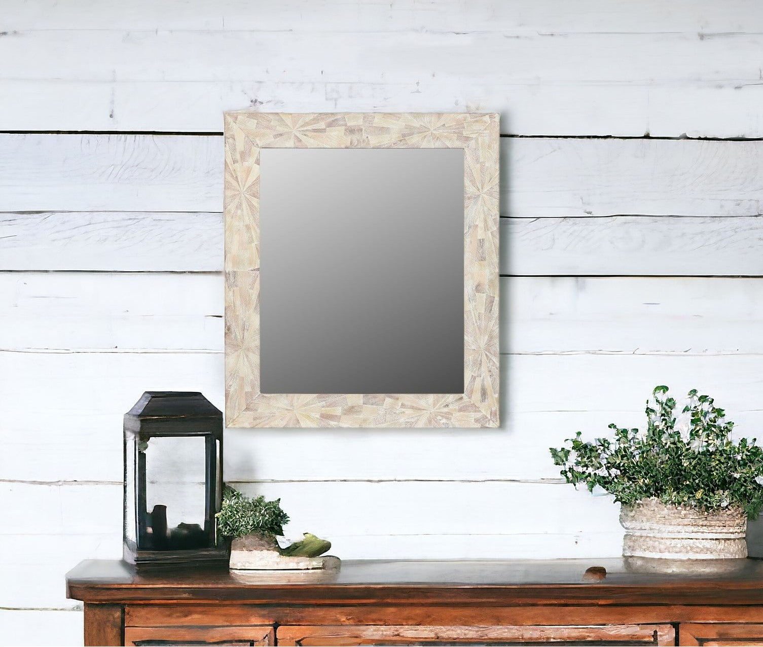 46" White Solid Wood Geometric Starburst Framed Accent Mirror