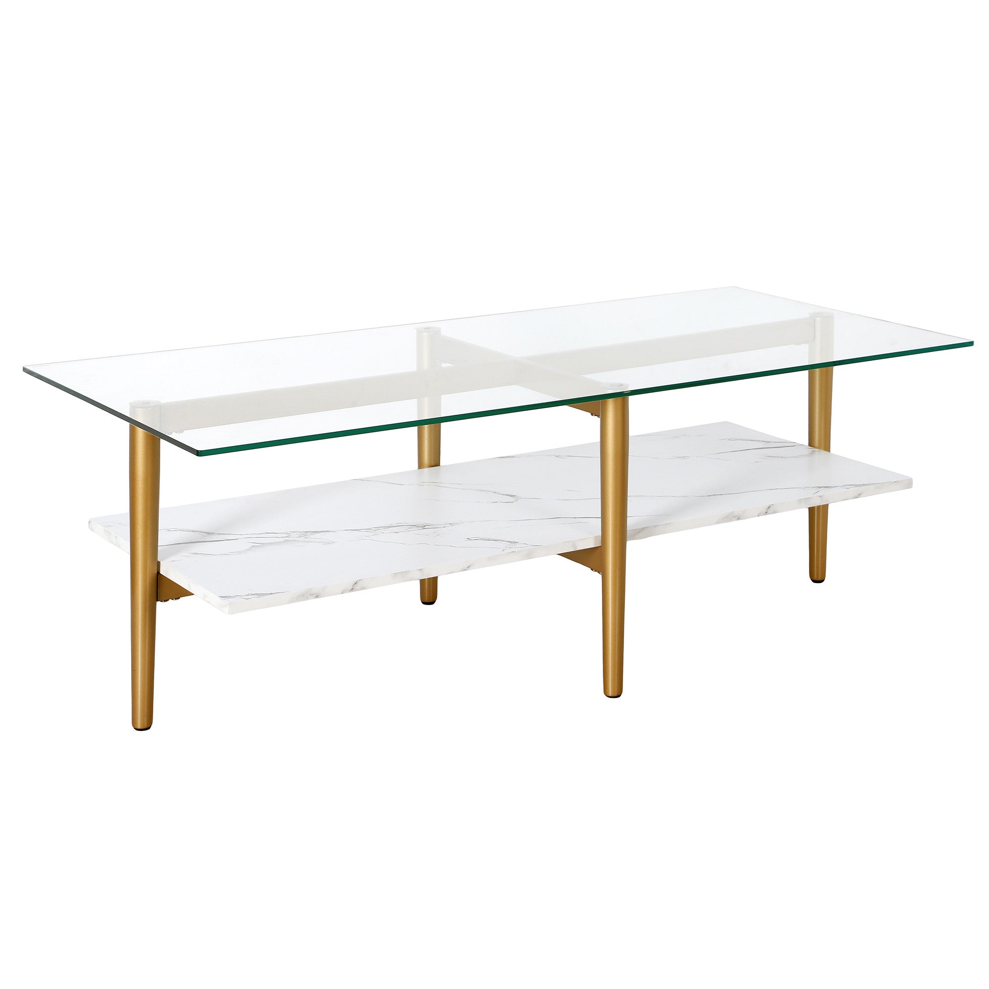 47" White And Gold Glass And Steel Coffee Table With Shelf