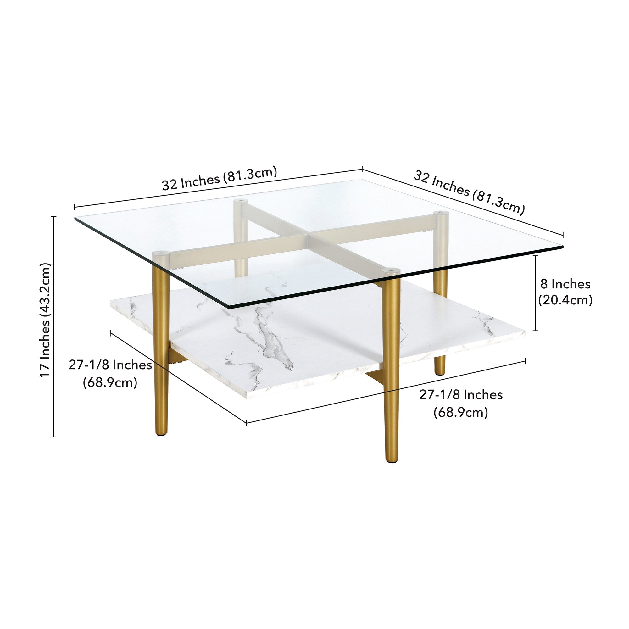 32" White And Gold Glass And Steel Square Coffee Table With Shelf