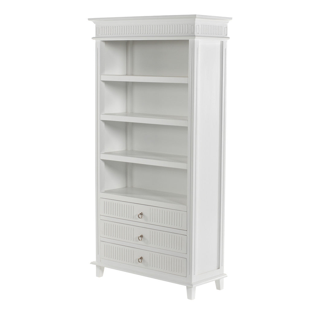 75" Antiqued White Solid Wood Four Tier Bookcase with Three Drawers