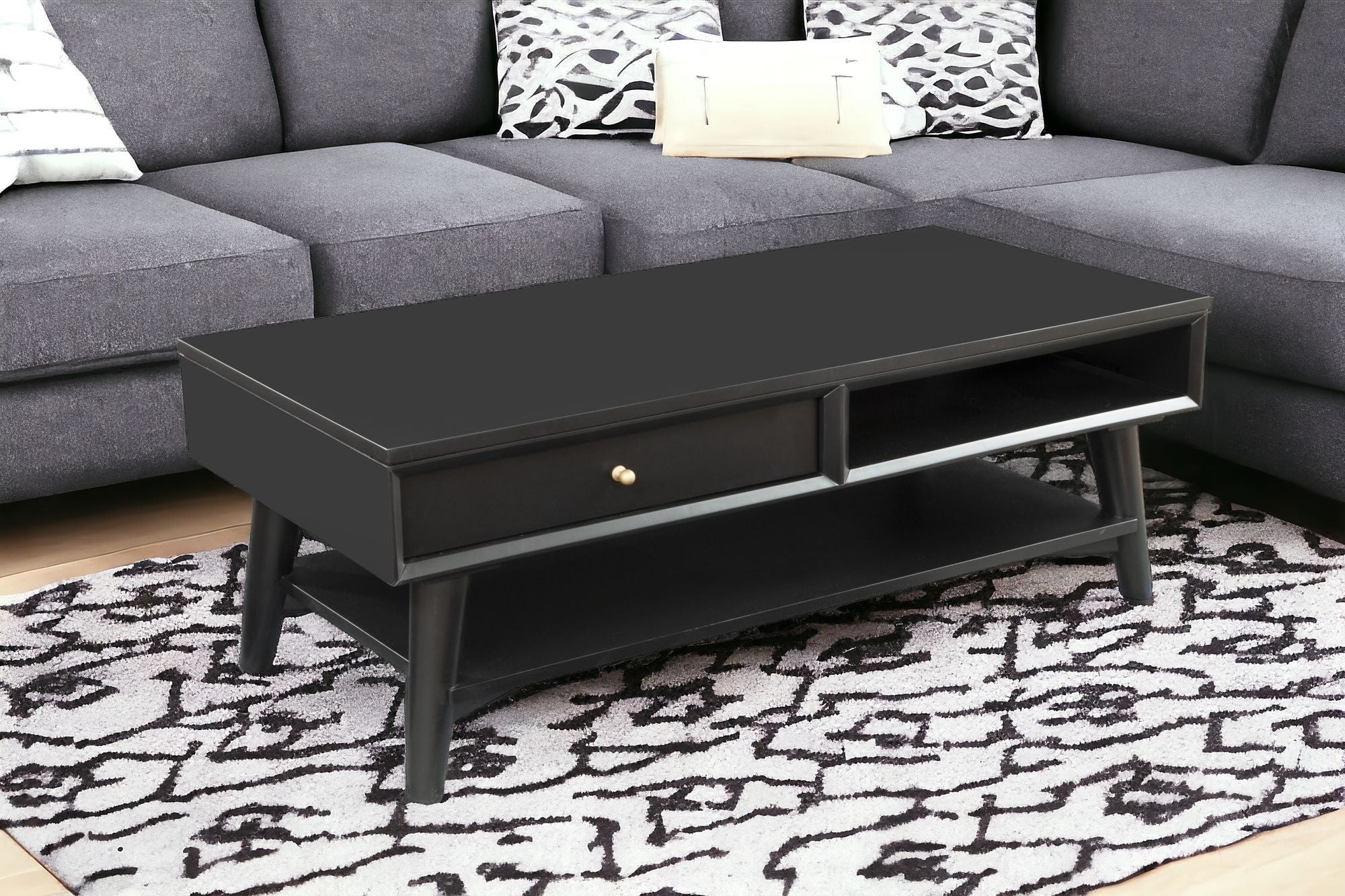48" Black Solid And Manufactured Wood Coffee Table With Drawer