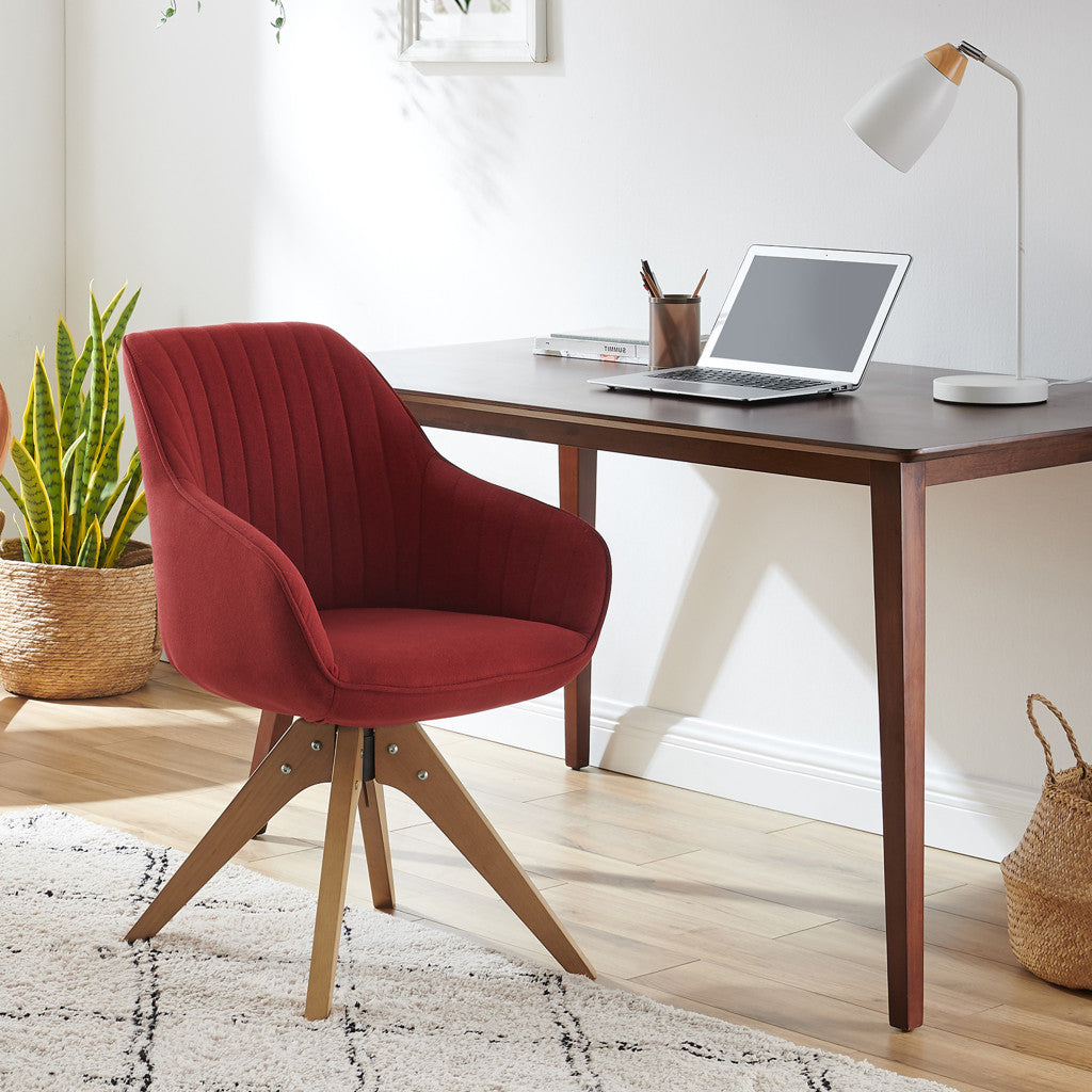 23" Red Fabric And Natural Swivel Arm Chair