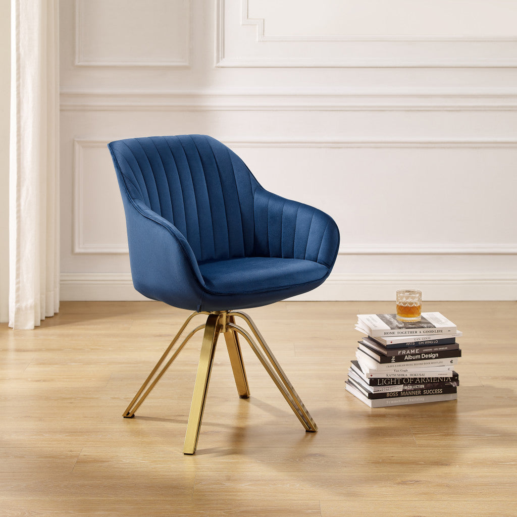 23" Blue Velvet And Gold Swivel Arm Chair