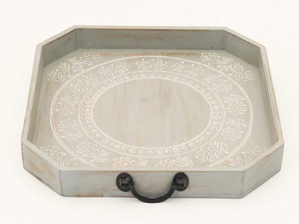 Set Of Two Gray and White Octagon Solid Wood Paisley Handmade Serving Tray With Handles