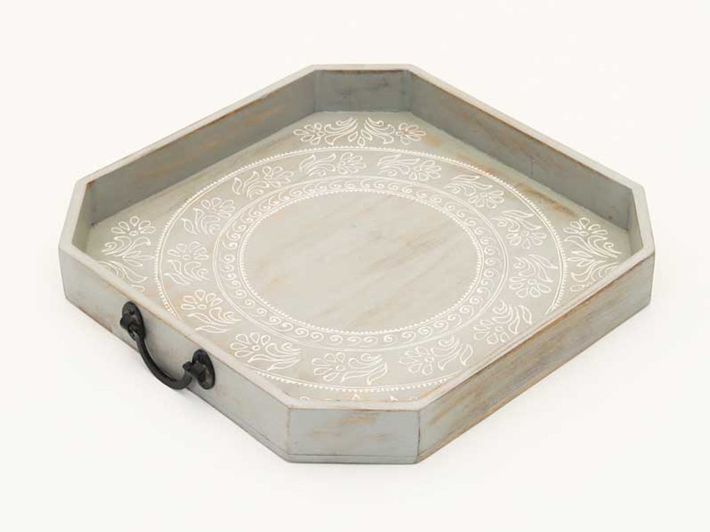 Set Of Two Gray and White Octagon Solid Wood Paisley Handmade Serving Tray With Handles