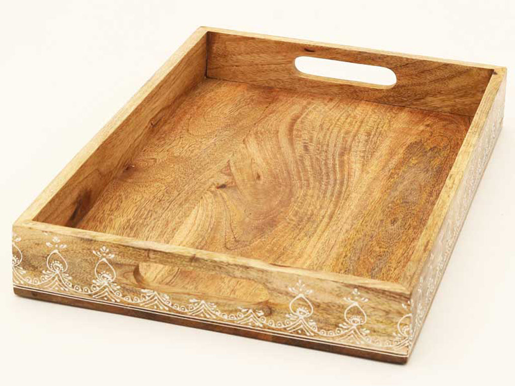 Set Of Three 12" Natural Rectangular Solid Wood Floral Handmade Serving Tray With Handles