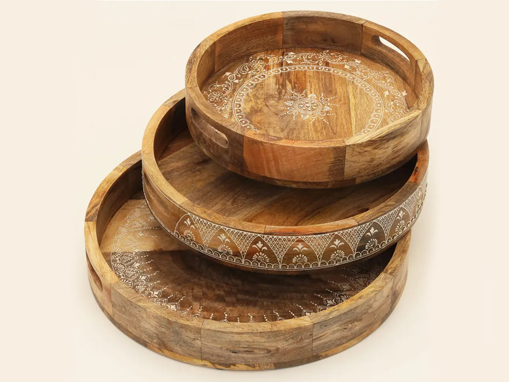 Set Of Three 18" Natural Round Solid Wood Floral Handmade Serving Tray With Handles