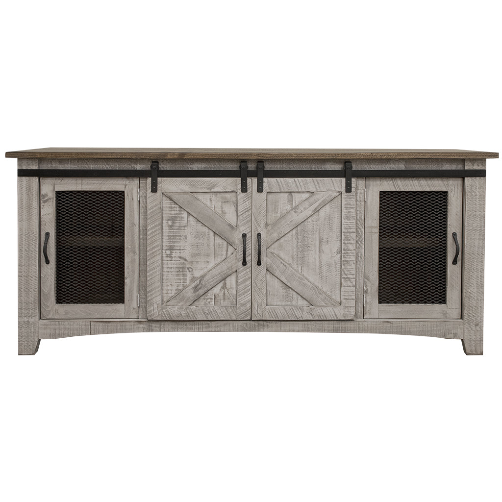 79" Gray Solid Wood Cabinet Enclosed Storage Distressed TV Stand