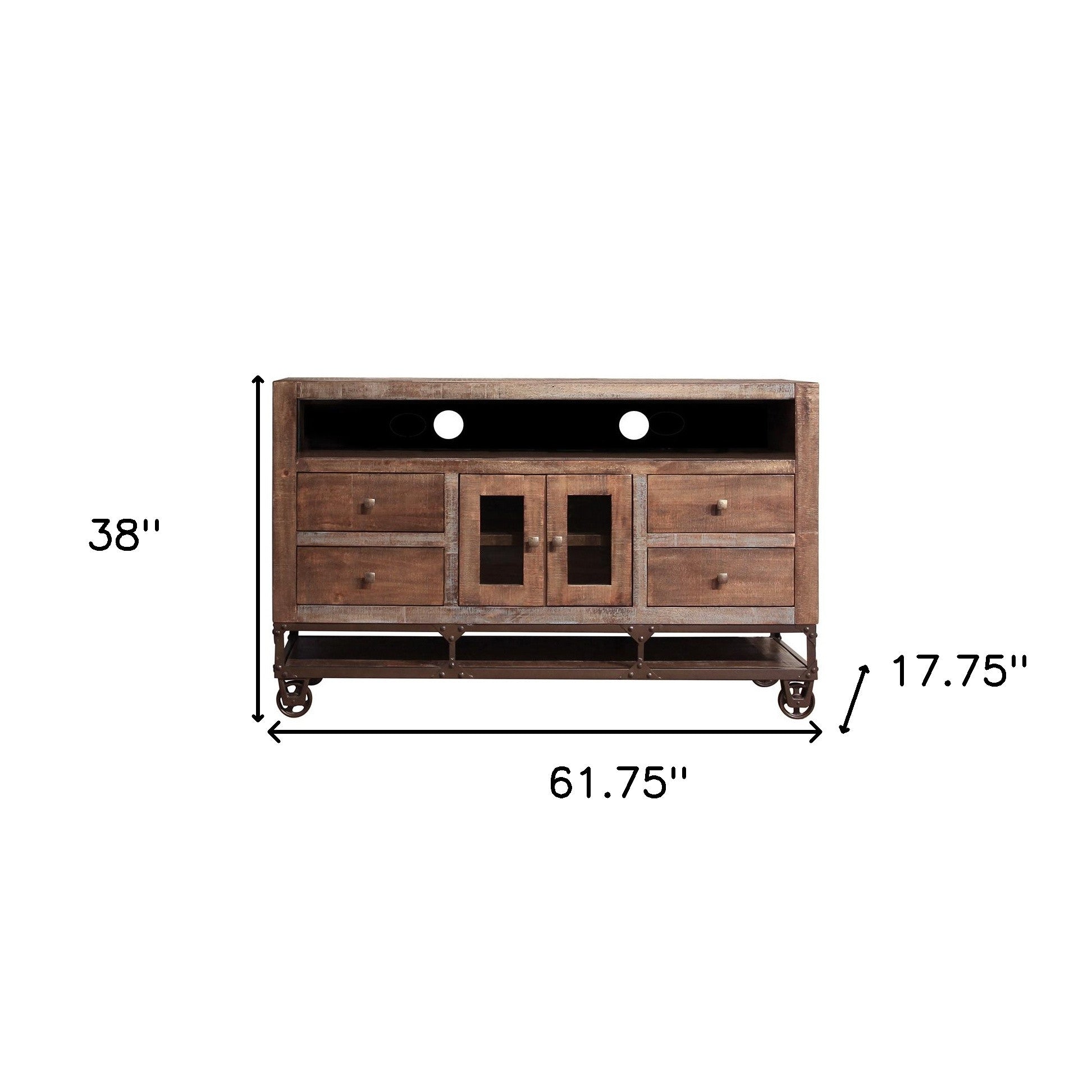 62" Brown Solid Wood Cabinet Enclosed Storage Distressed TV Stand
