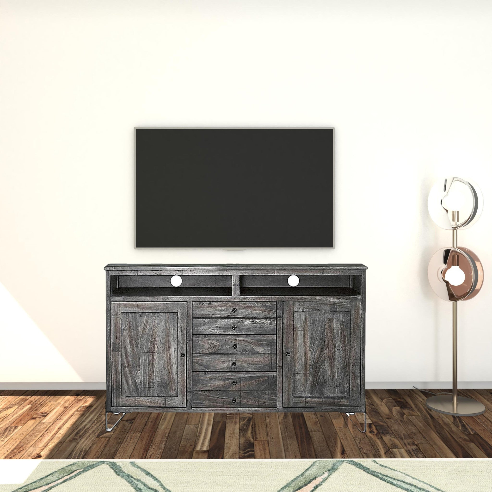 60" Gray Solid Wood Cabinet Enclosed Storage Distressed TV Stand