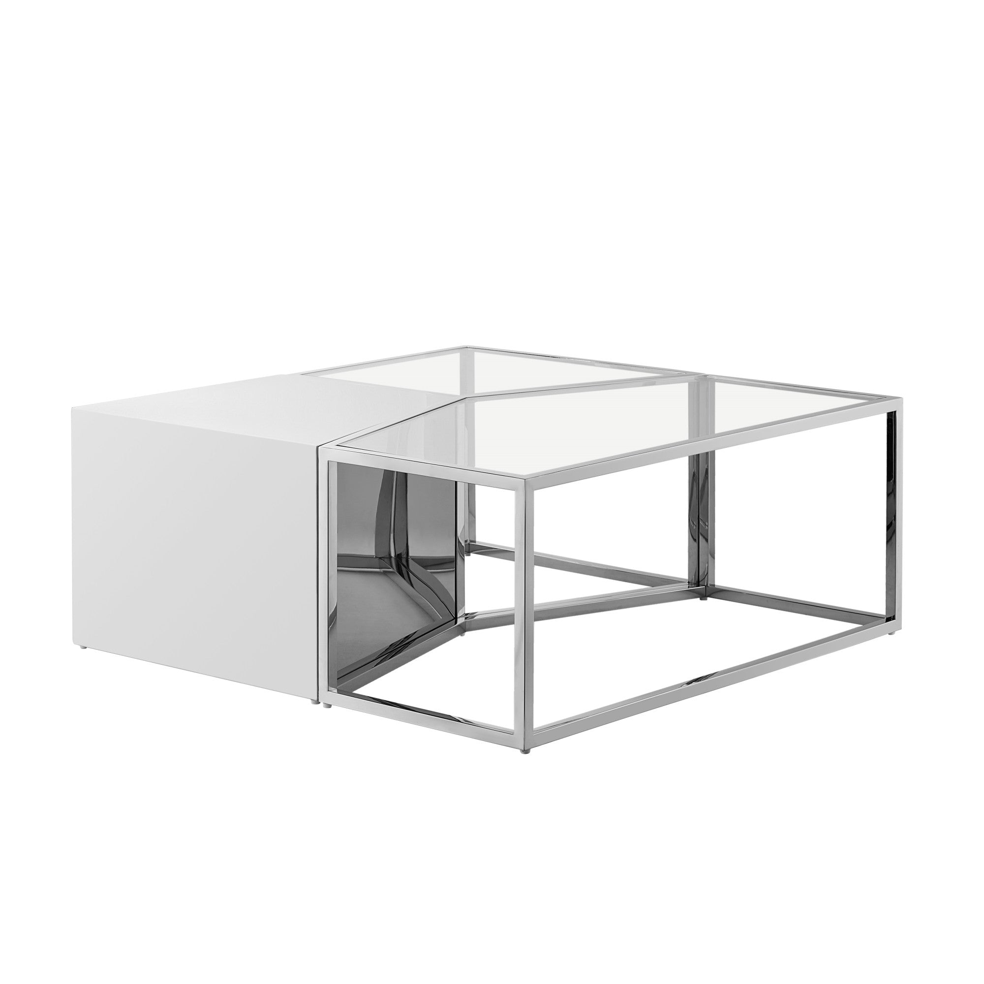 Set of Three 37" Clear And Gold Glass And Stainless Steel Mirrored Bunching Coffee Tables