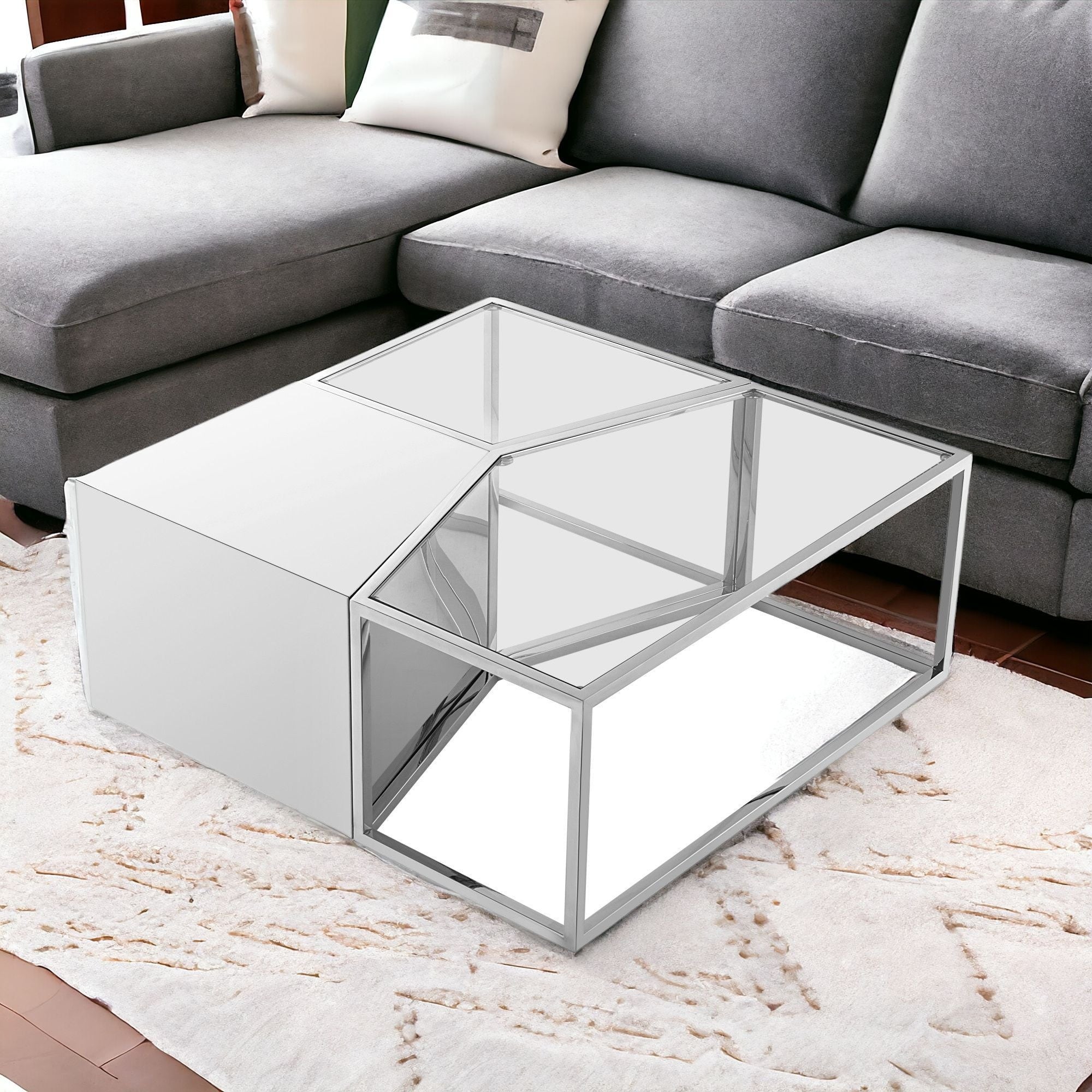 Set of Three 37" Clear And Gold Glass And Stainless Steel Mirrored Bunching Coffee Tables