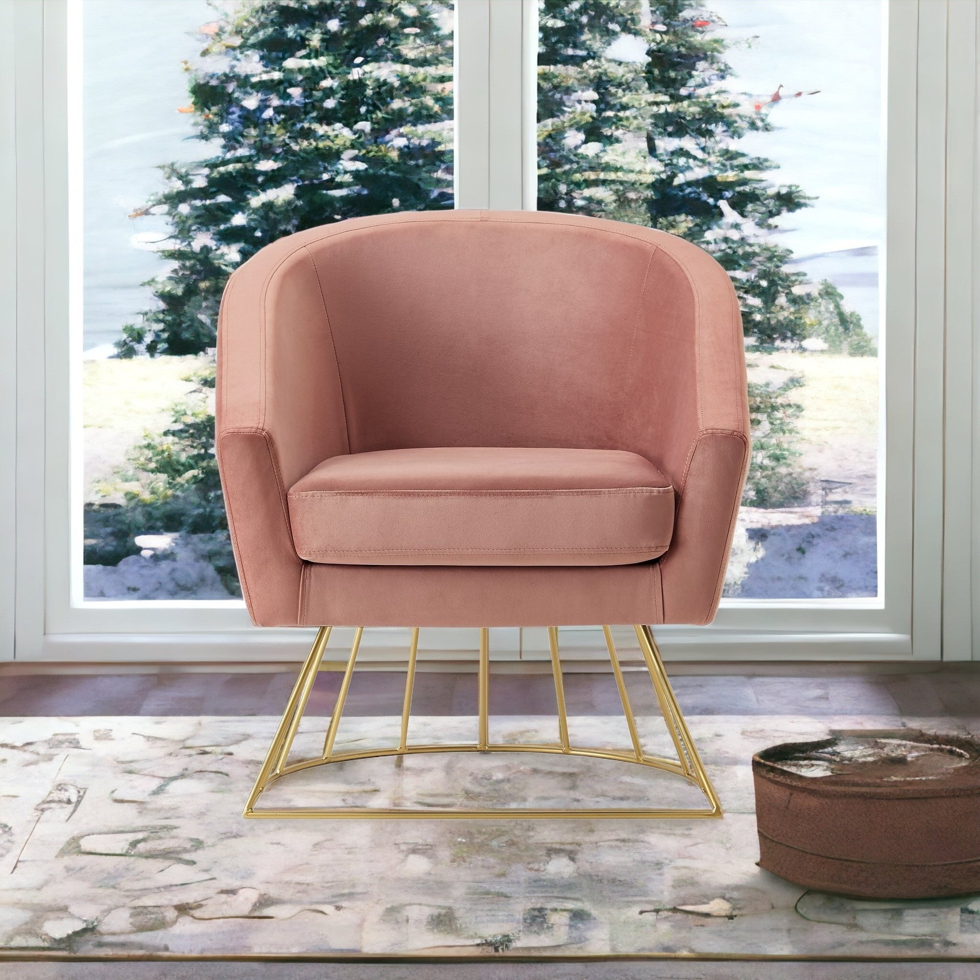 29" Blush And Gold Velvet Barrel Chair