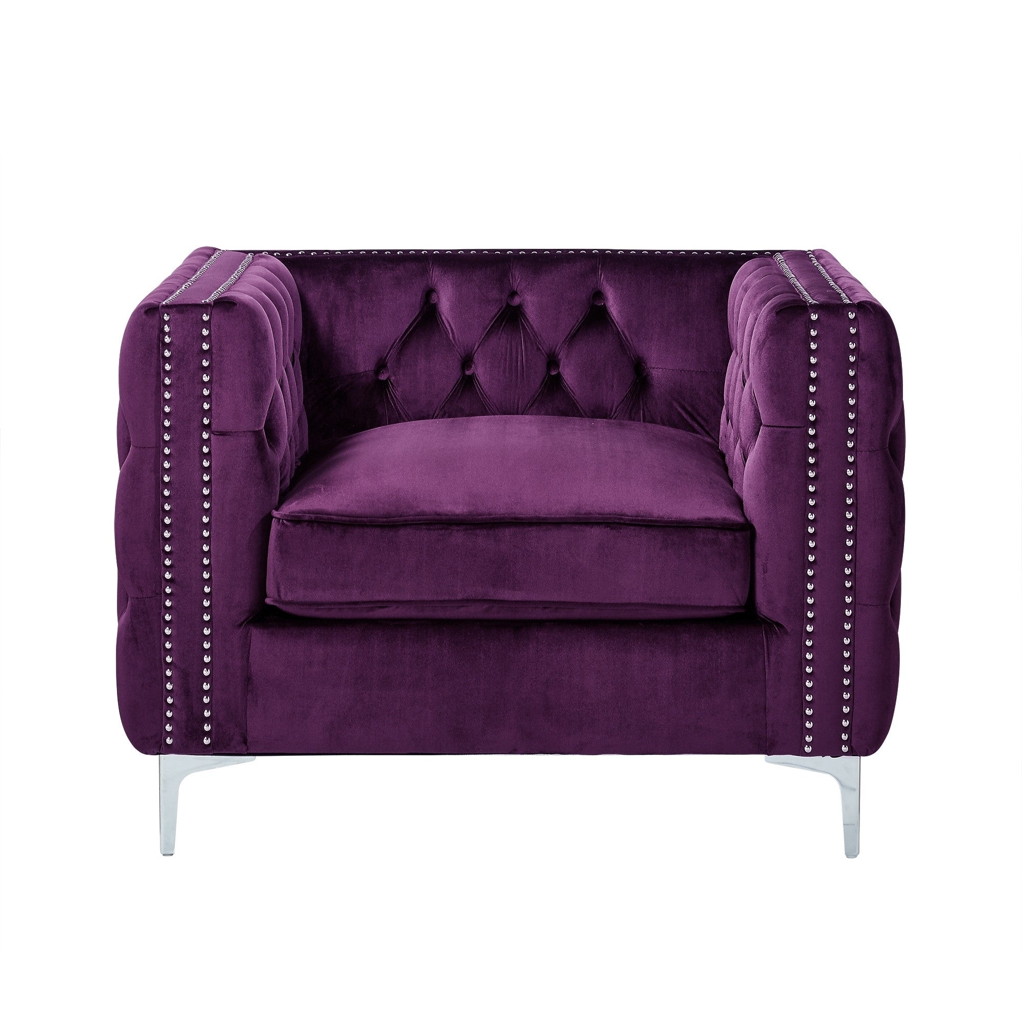 35" Purple And Silver Velvet Tufted Club Chair