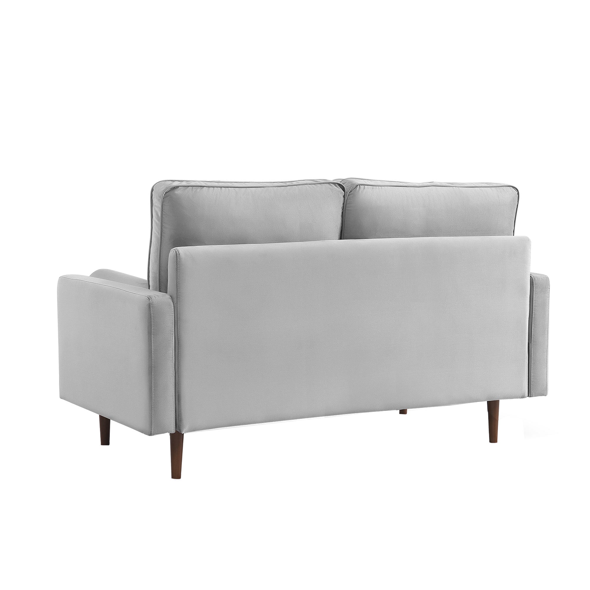 69" Gray Velvet Sofa And Toss Pillows With Dark Brown Legs