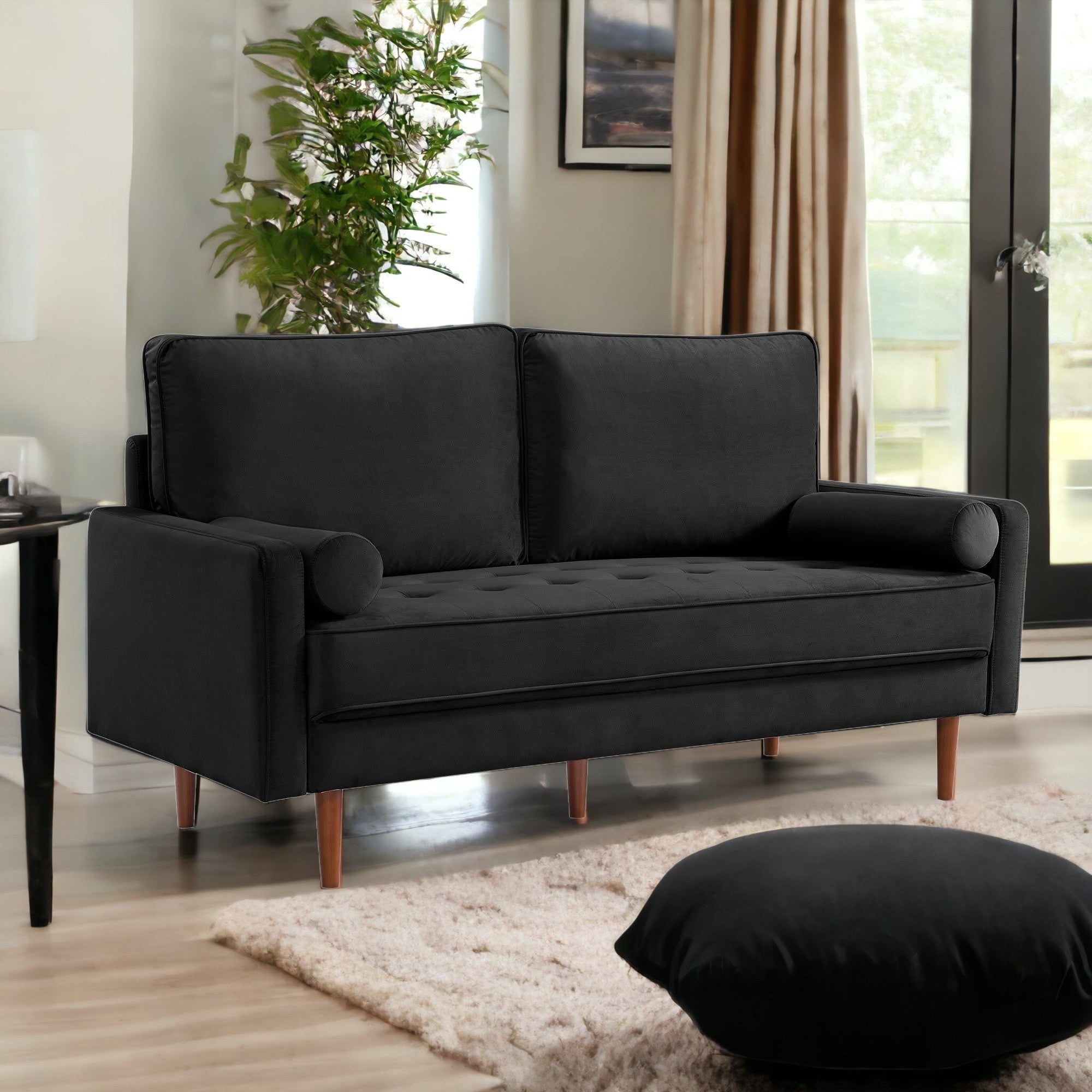 69" Black Velvet and Dark Brown Sofa and Toss Pillows