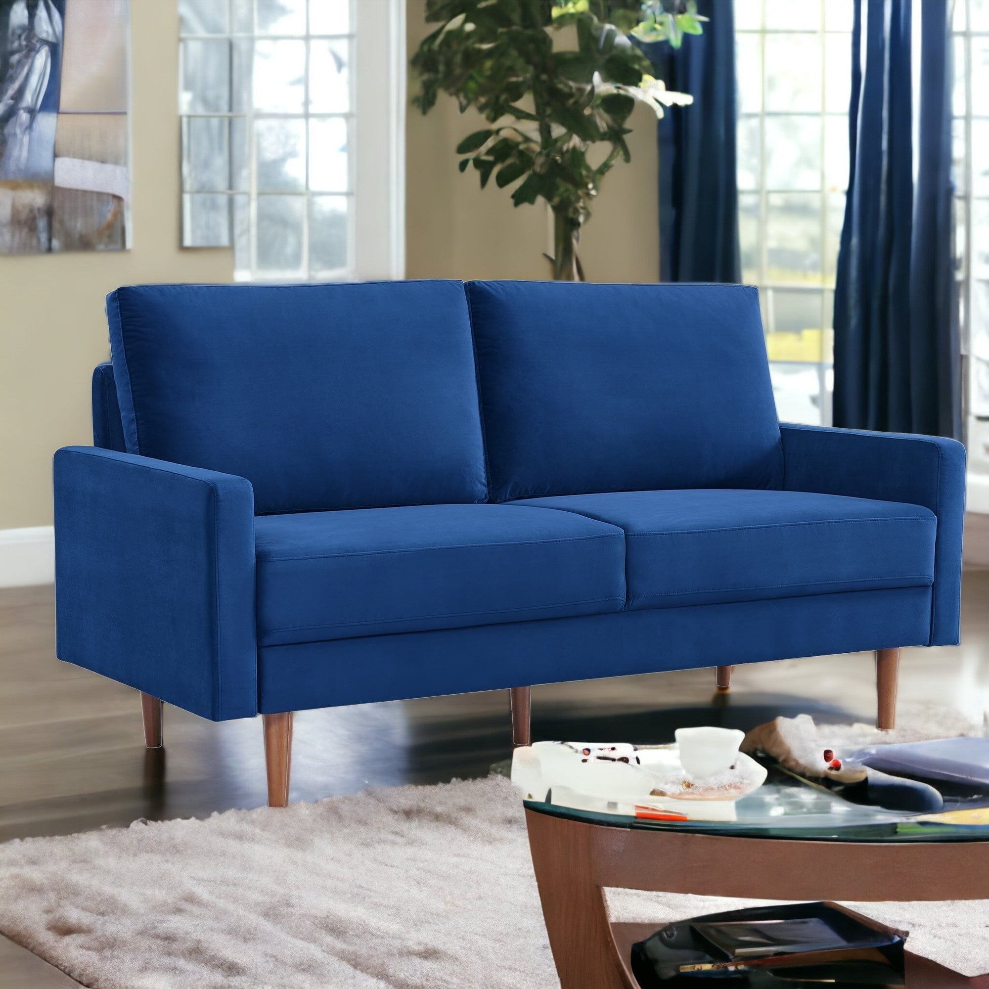 69" Blue Velvet Sofa With Dark Brown Legs