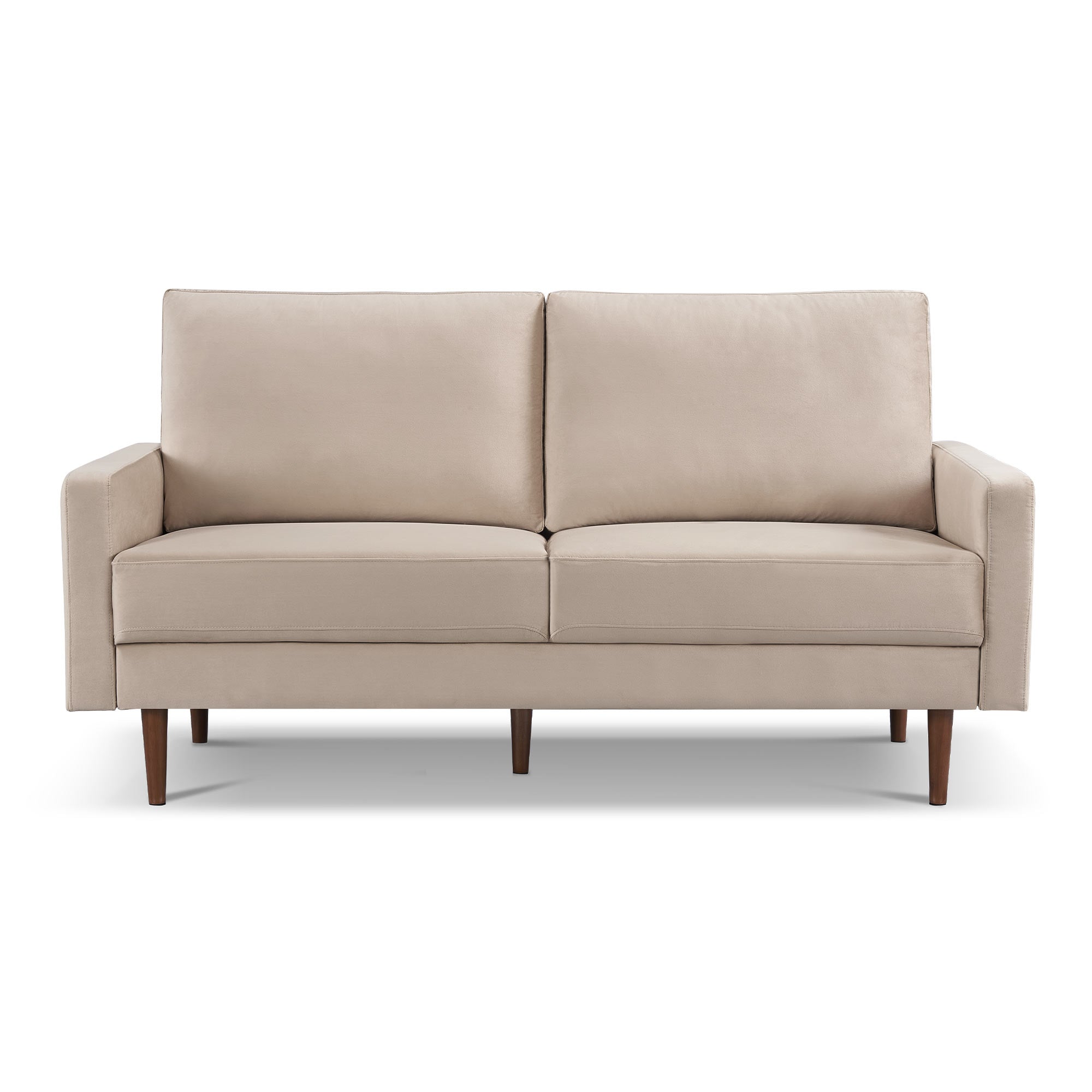 69" Beige Velvet Sofa With Dark Brown Legs