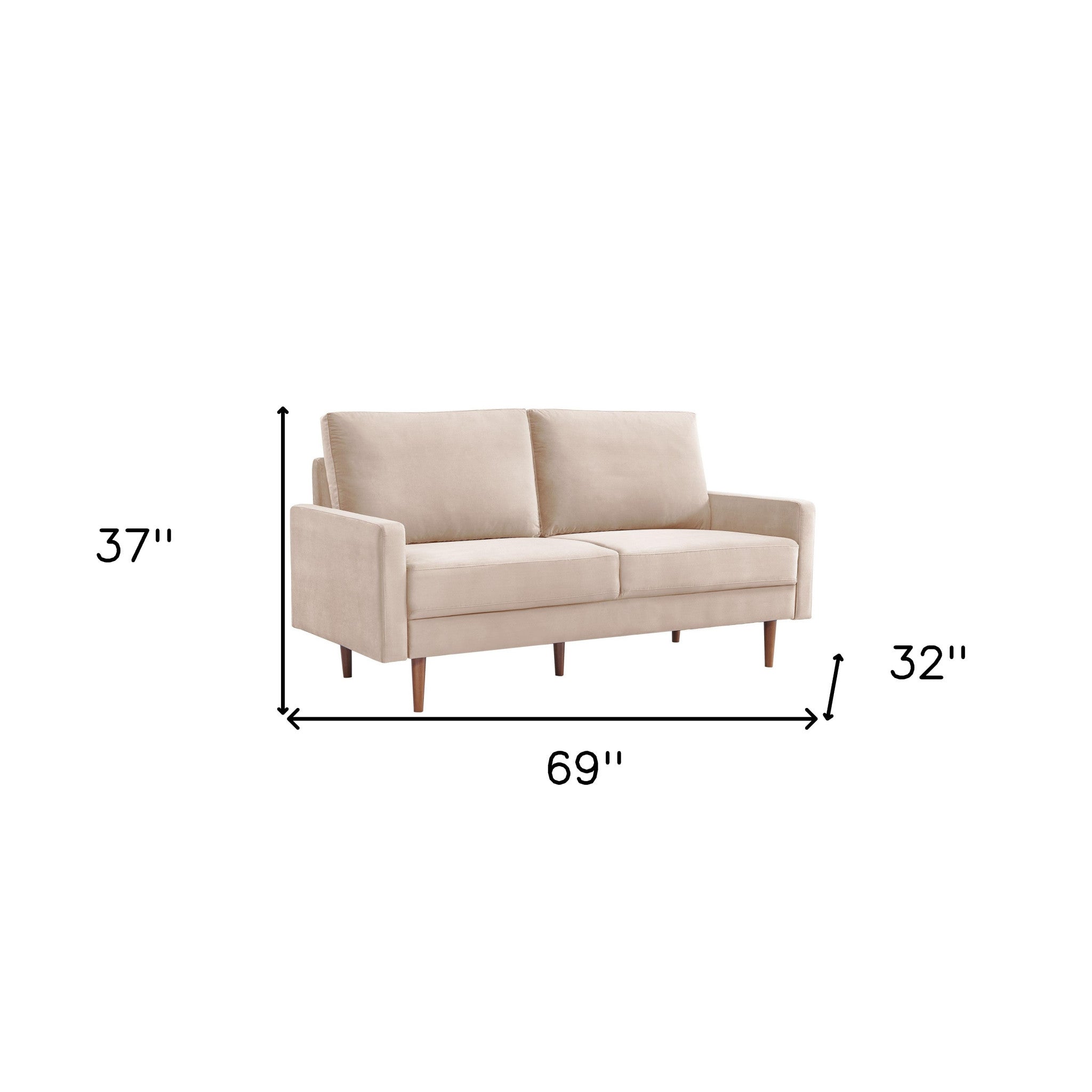 69" Beige Velvet Sofa With Dark Brown Legs