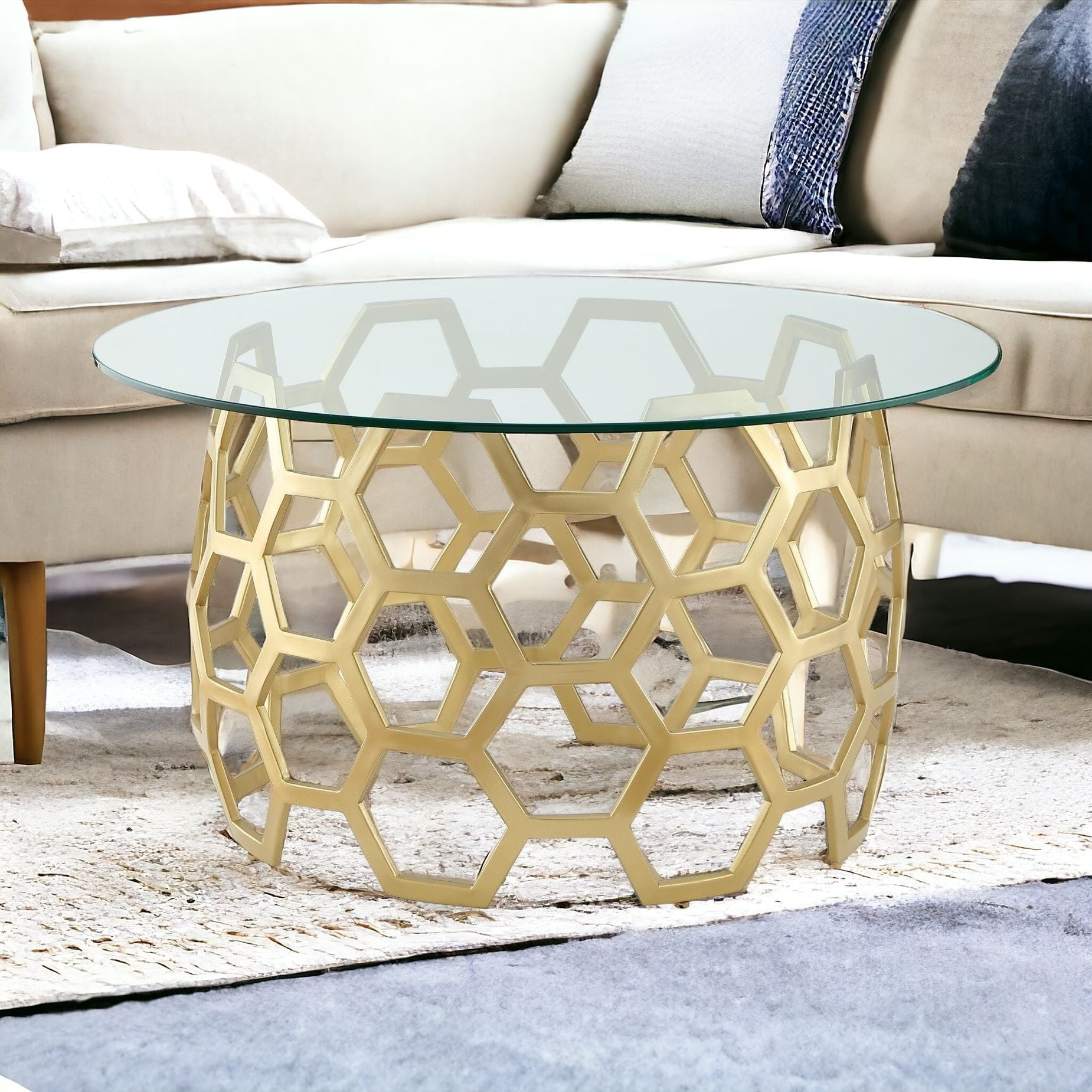 32" Clear And Gold Glass And Iron Round Coffee Table