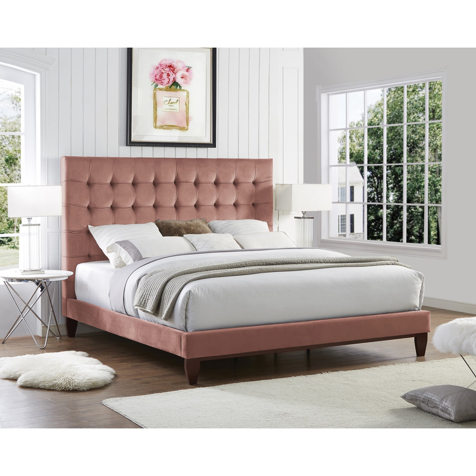 Gray Solid Wood King Tufted Upholstered Velvet Bed