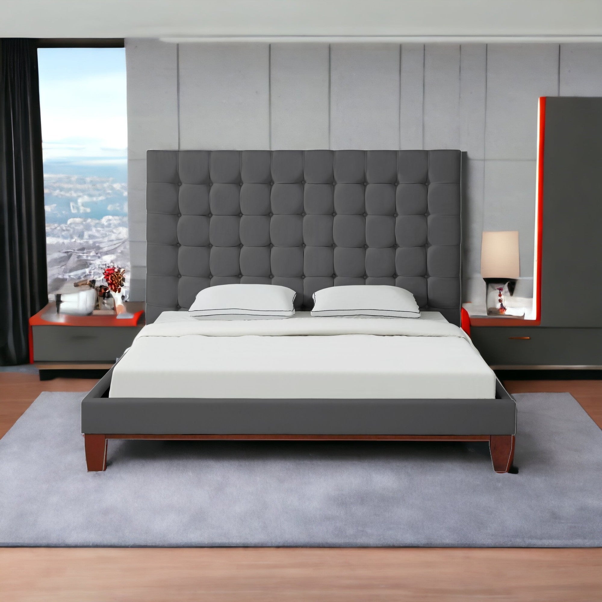 Gray Solid Wood King Tufted Upholstered Velvet Bed