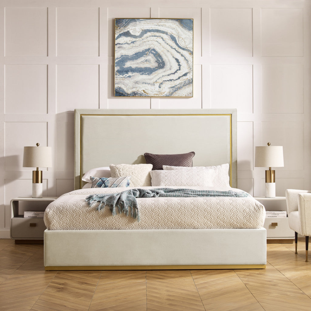 Beige Solid Wood King Upholstered Velvet Bed