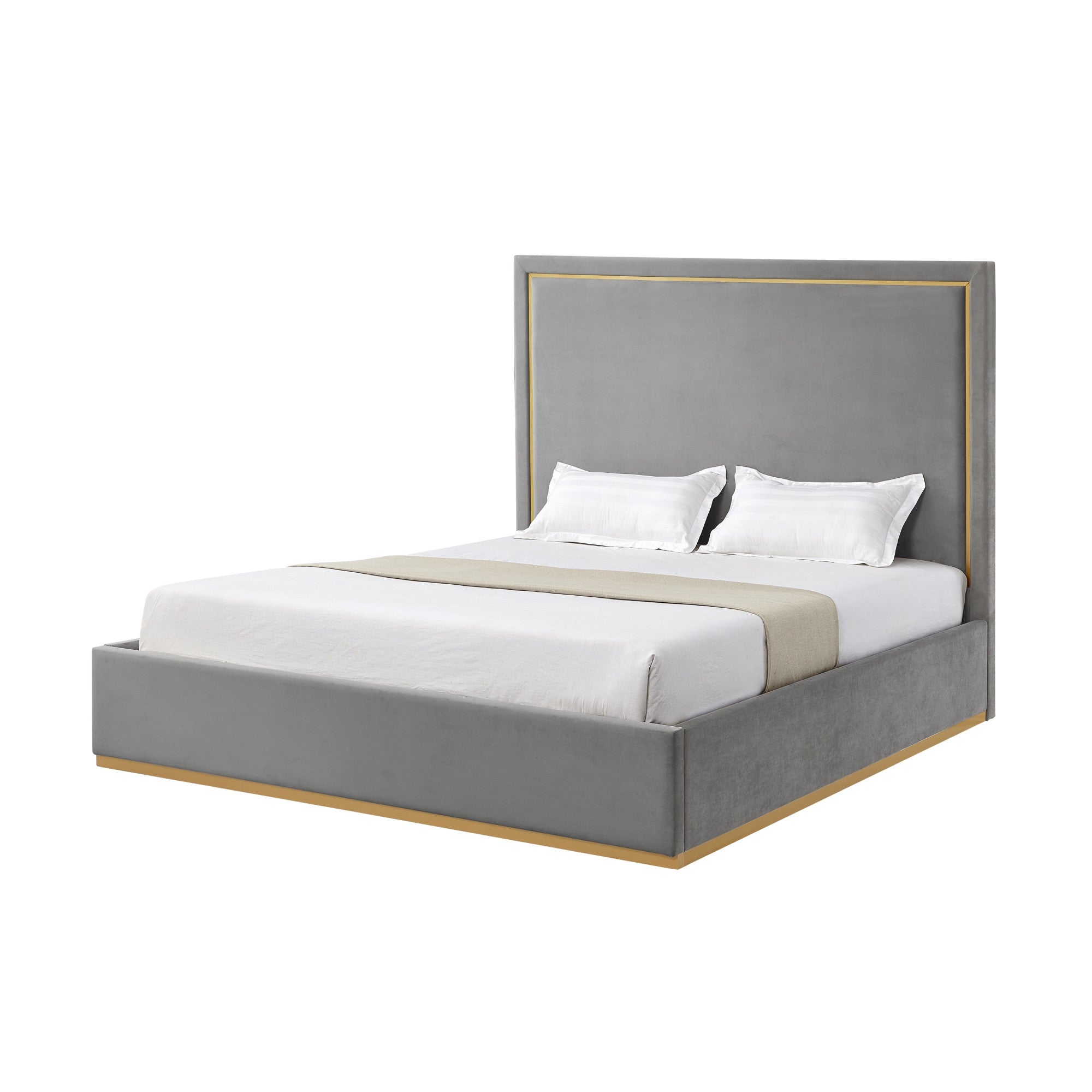 Beige Solid Wood King Upholstered Velvet Bed