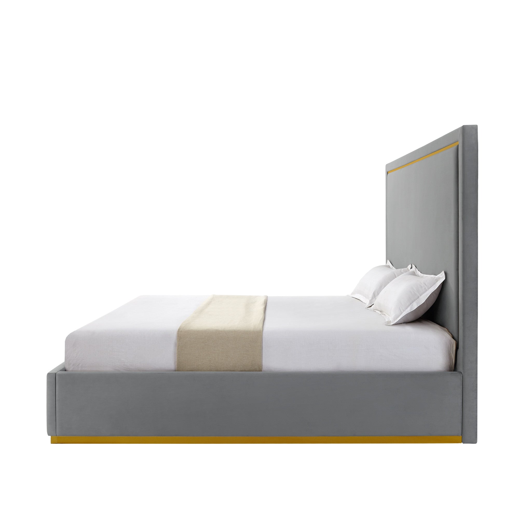 Beige Solid Wood King Upholstered Velvet Bed