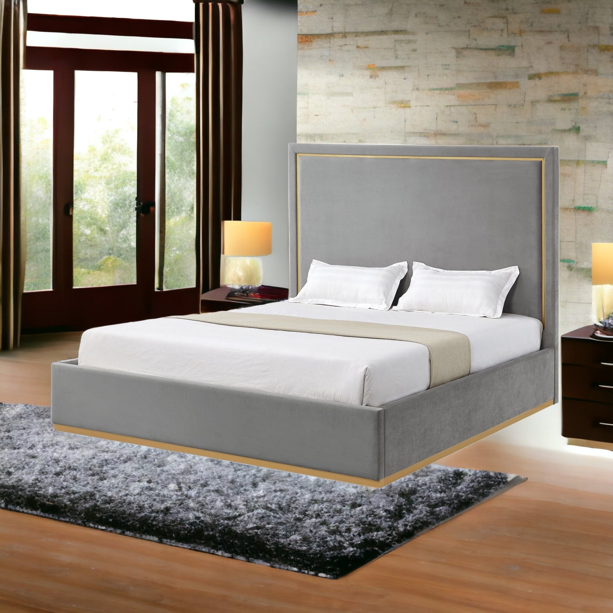 Beige Solid Wood King Upholstered Velvet Bed