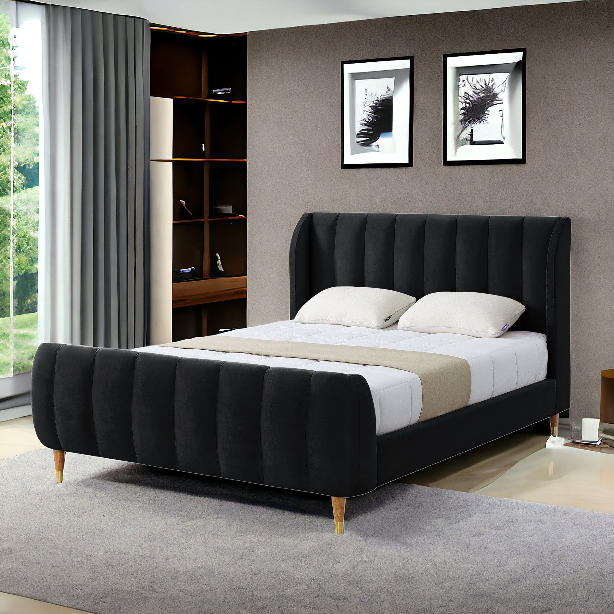 Black Solid Wood King Tufted Upholstered Velvet Bed