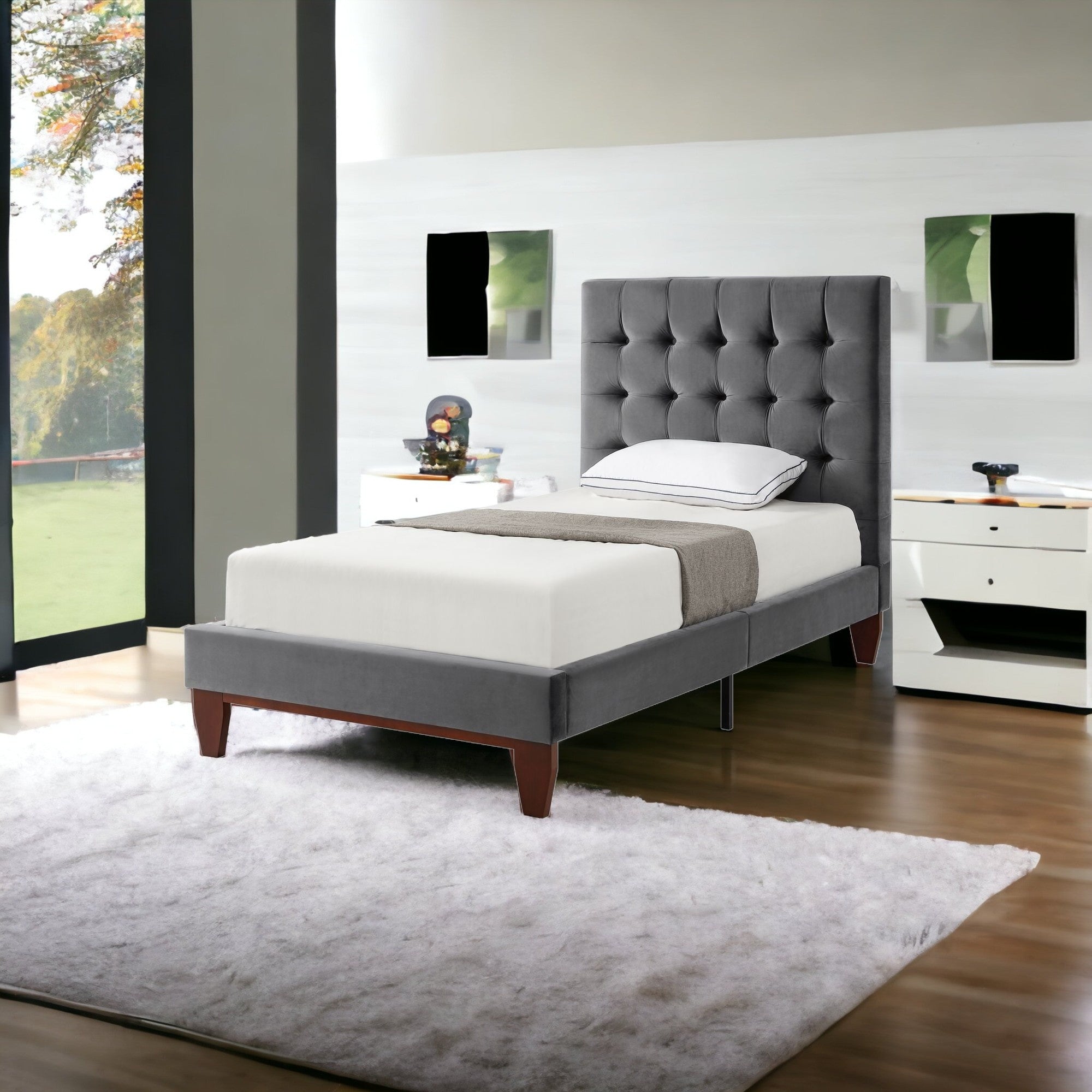 Gray Solid Wood King Tufted Upholstered Velvet Bed