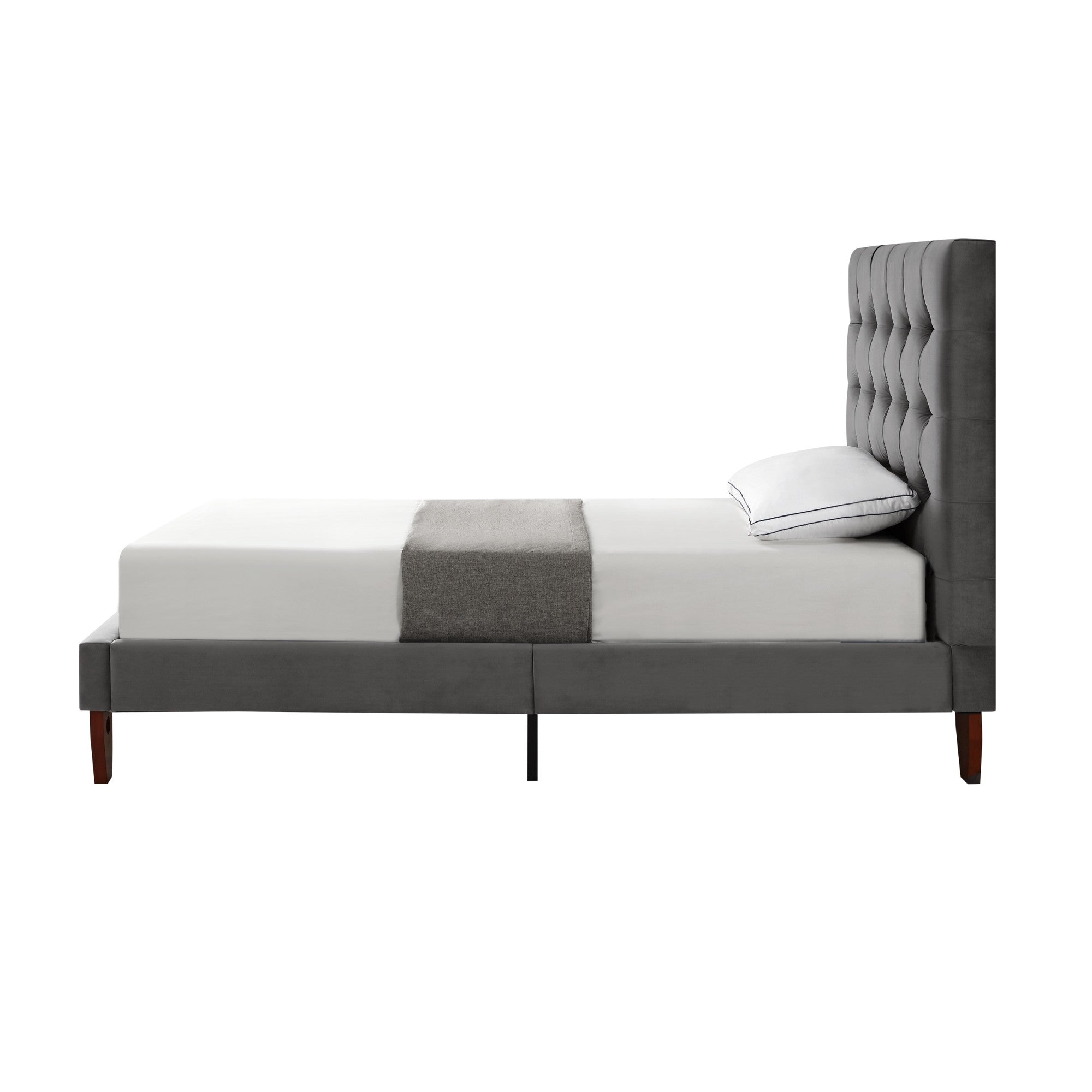 Gray Solid Wood King Tufted Upholstered Velvet Bed