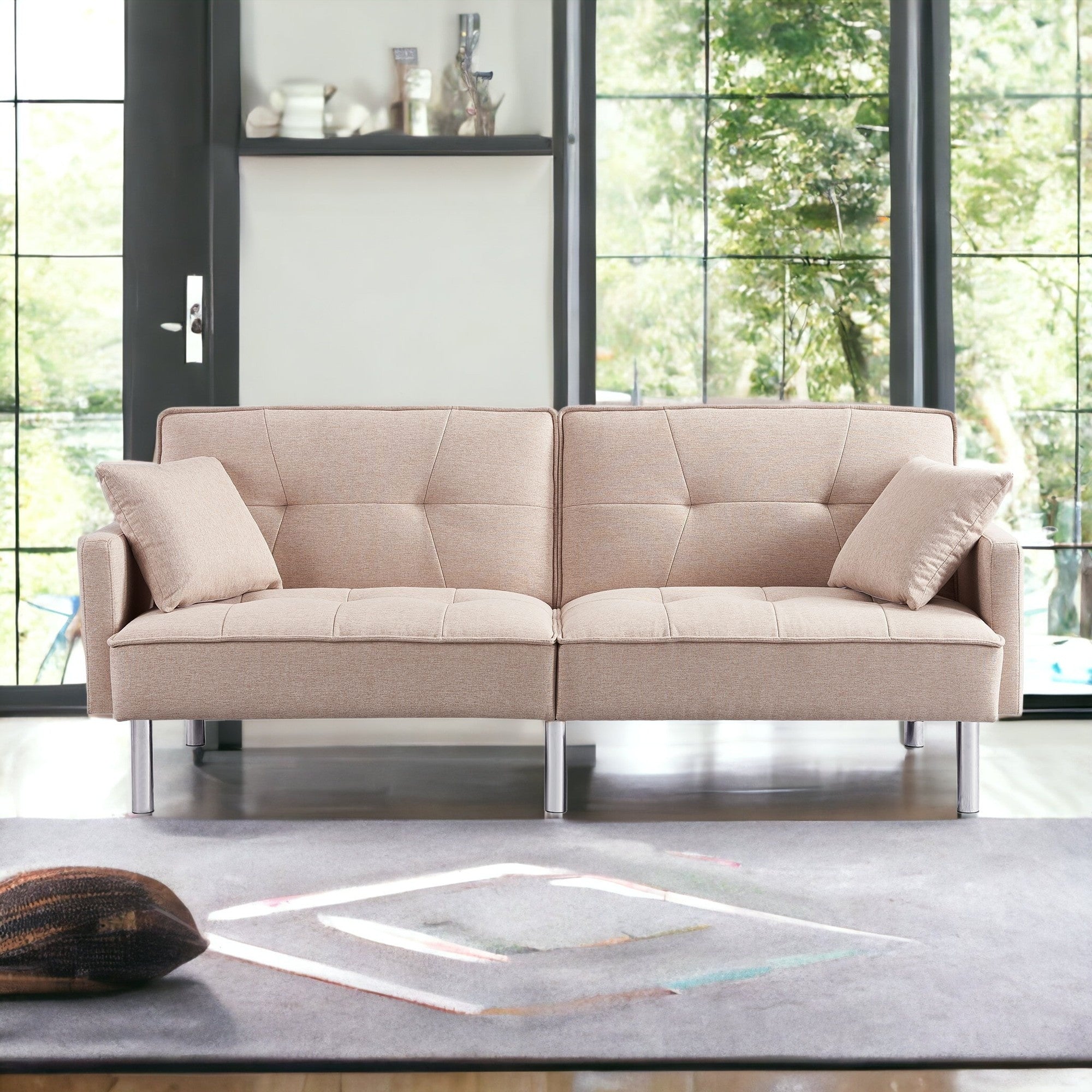 85" Beige Polyester Blend Convertible Futon Sleeper Sofa And Toss Pillows With Silver Legs