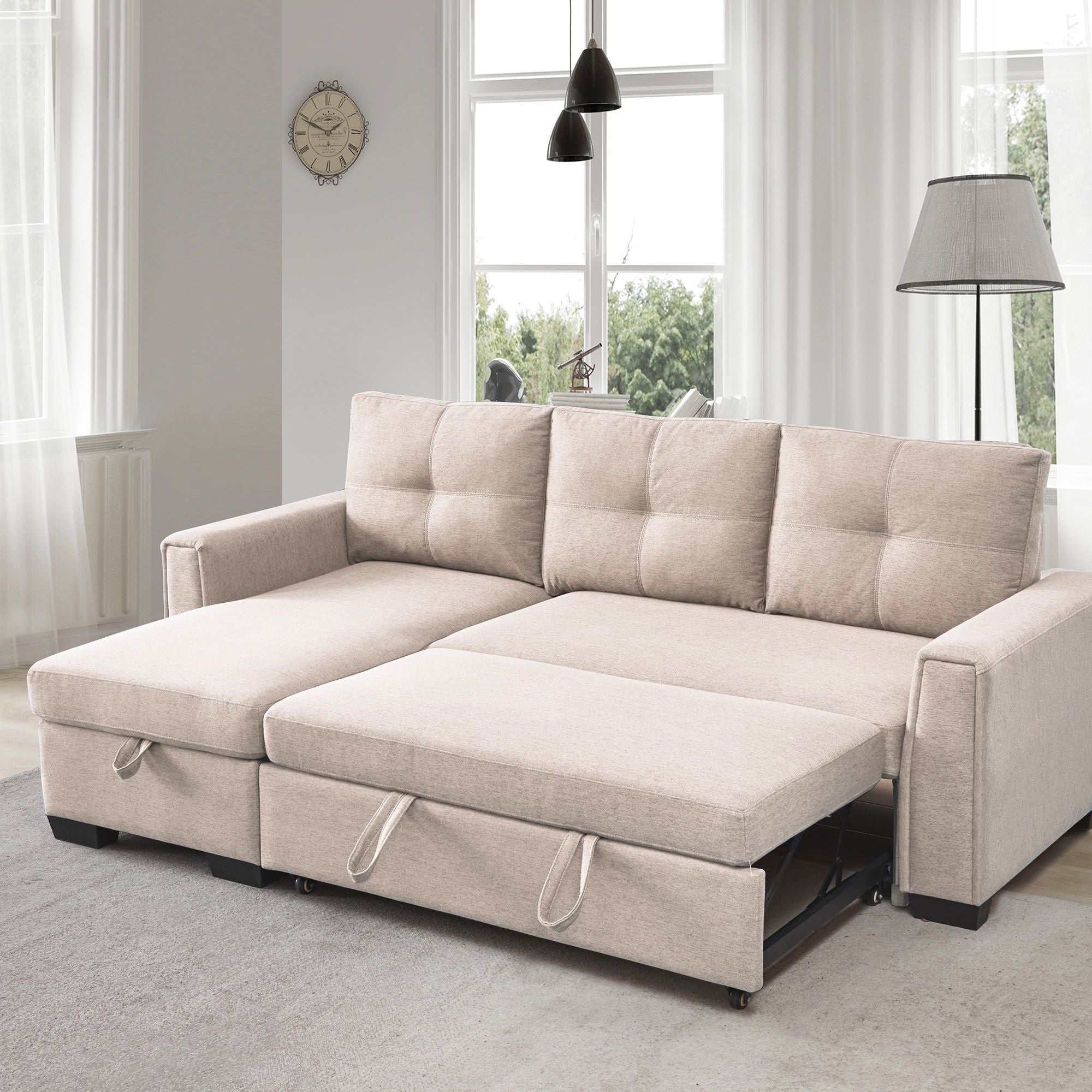 92" Beige Polyester Blend Convertible Futon Sleeper Sofa With Black Legs