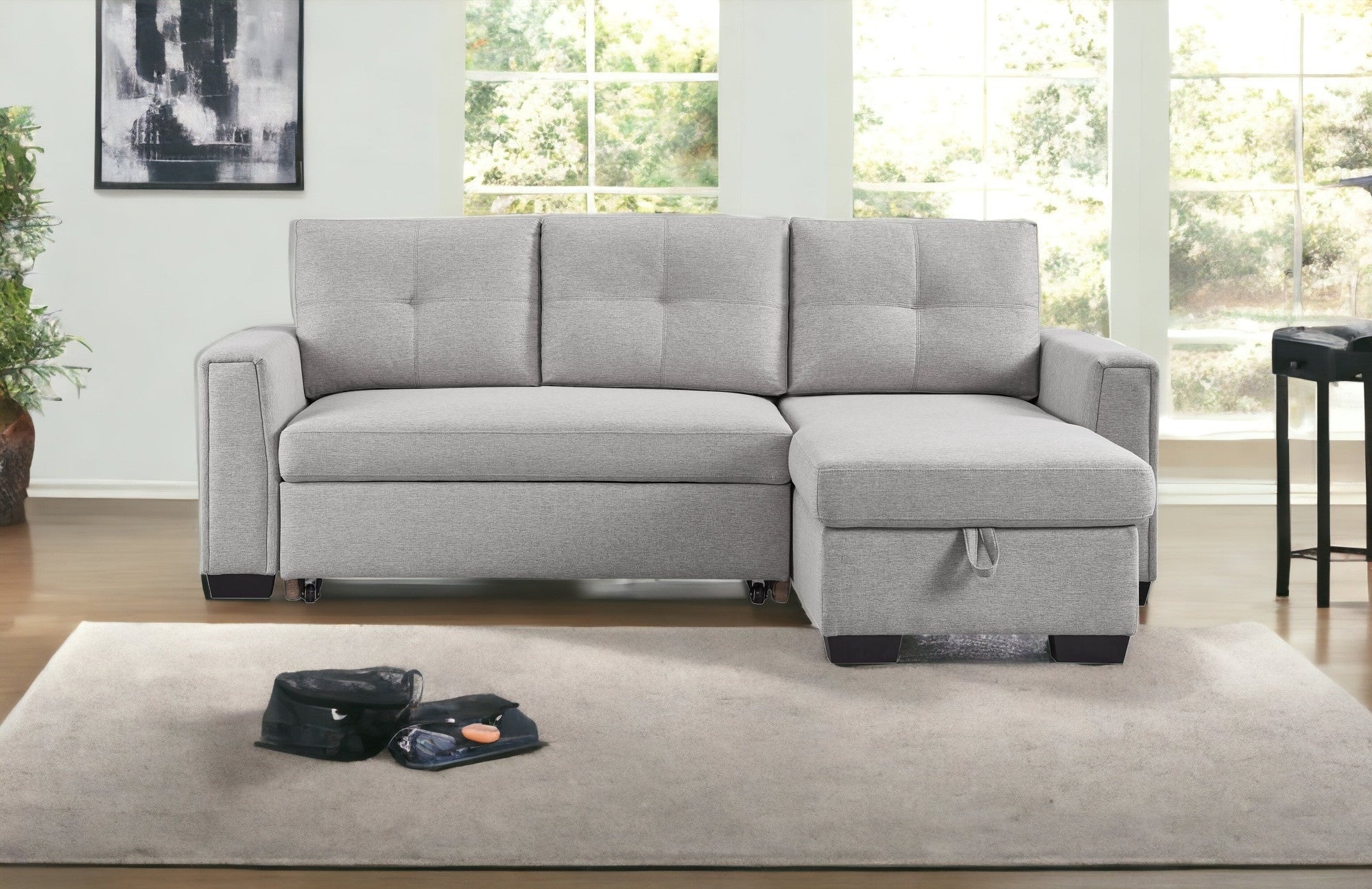 92" Light Gray Polyester Blend Convertible Futon Sleeper Sofa With Black Legs